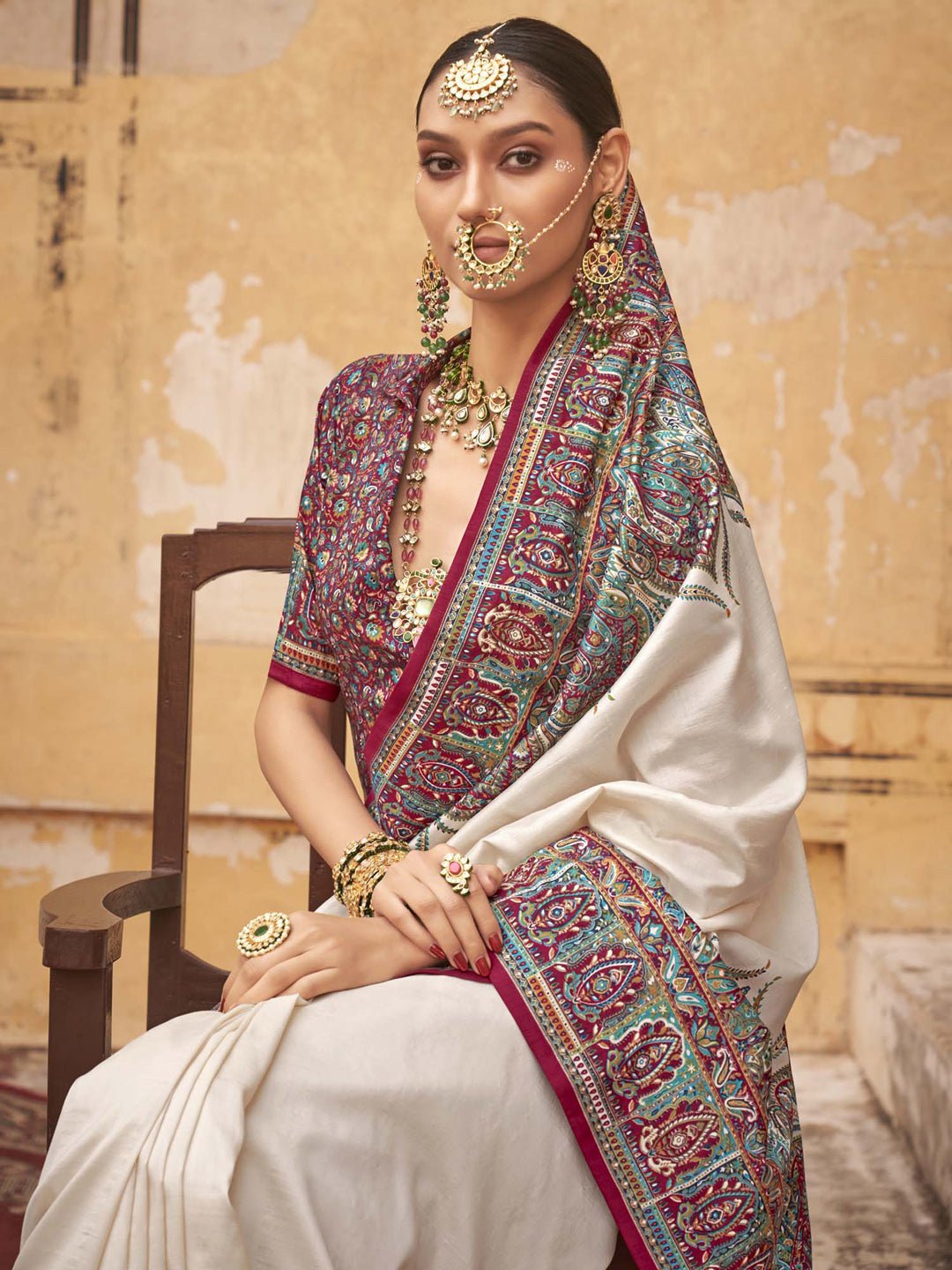 Silk Blend Off White Wedding Wear Saree - Ressa