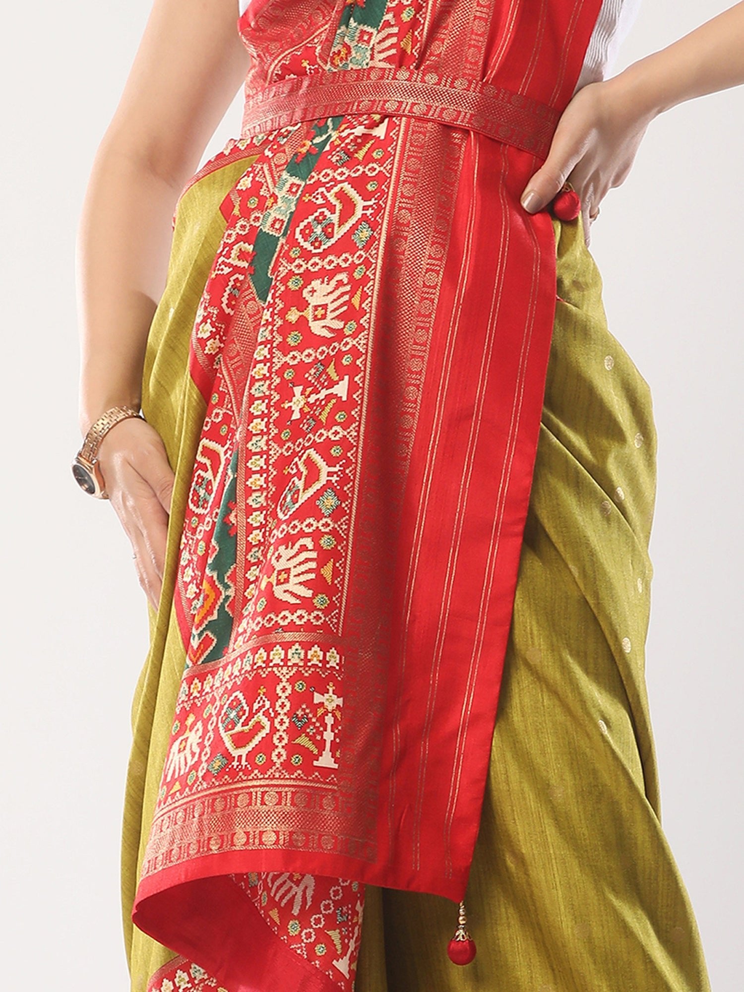 Silk Blend Patola Print Border Red Pallu with Red Blouse Saree - Ressa