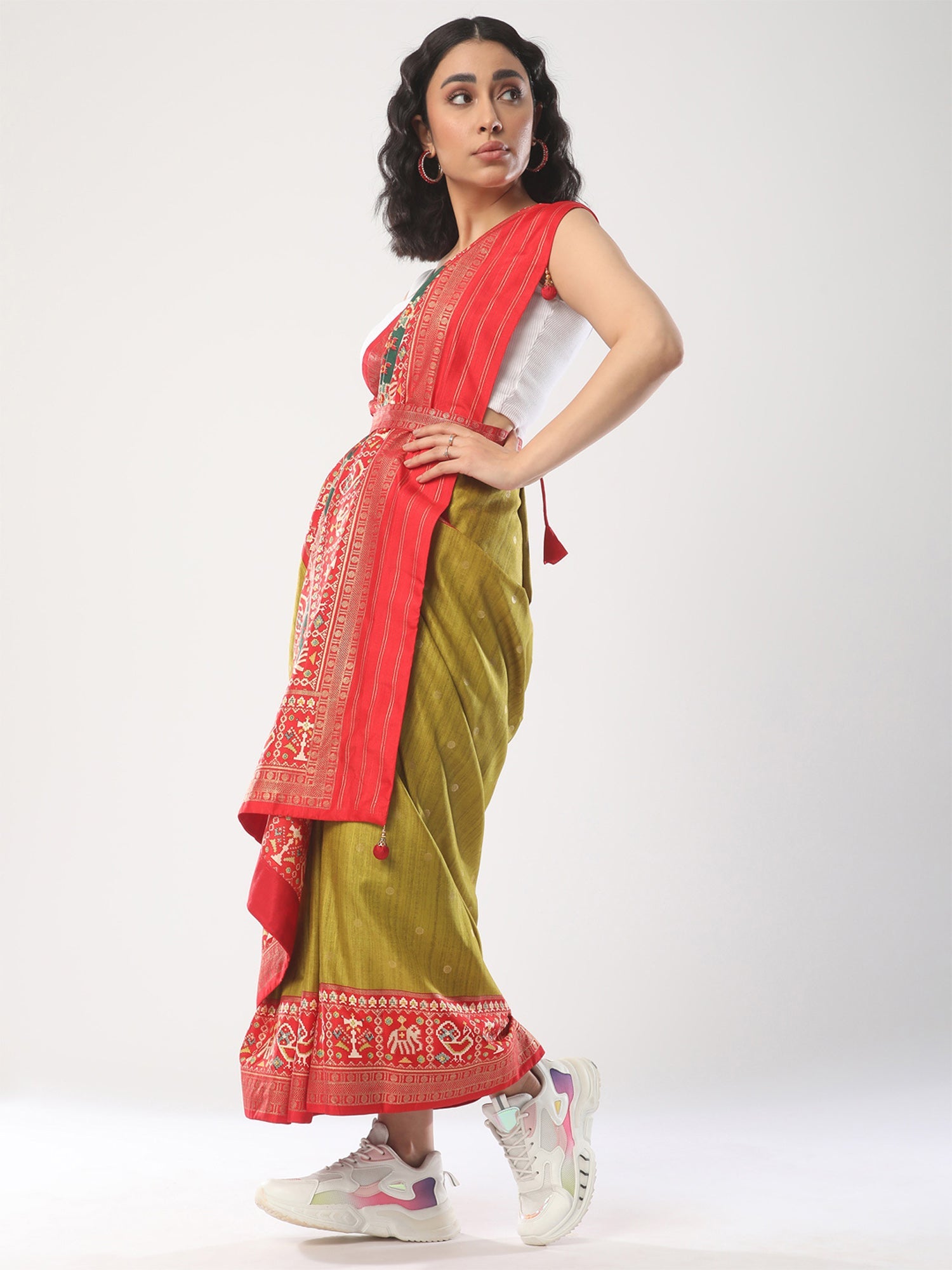 Silk Blend Patola Print Border Red Pallu with Red Blouse Saree - Ressa