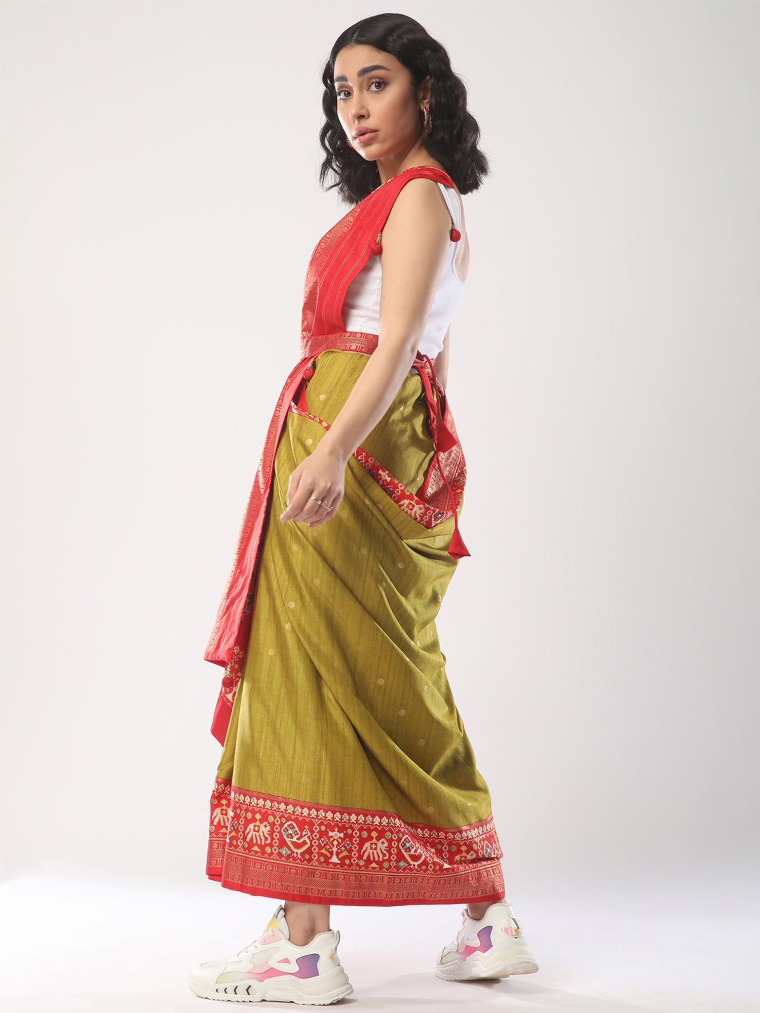 Silk Blend Patola Print Border Red Pallu with Red Blouse Saree - Ressa