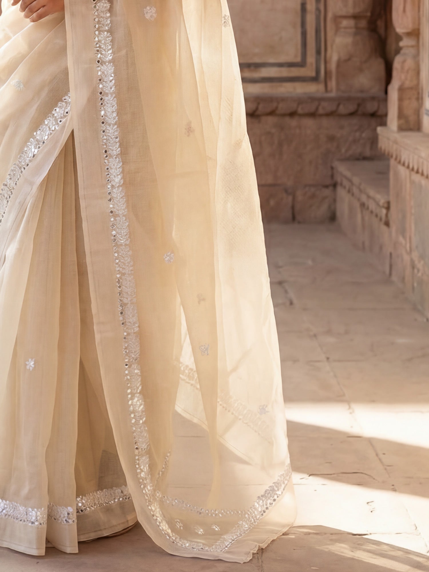 Silk Blend Silver Embroidered Saree - Ressa