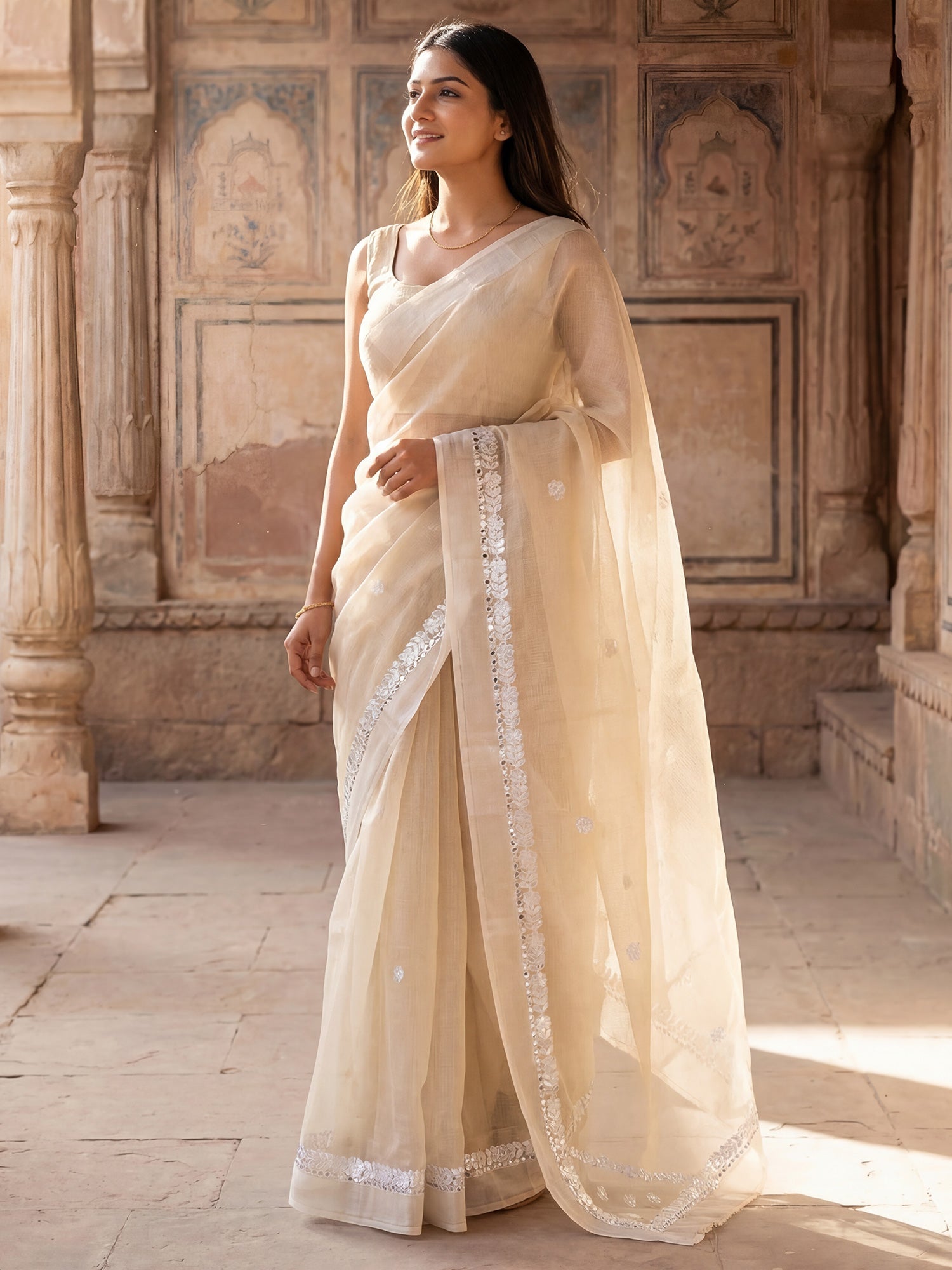 Silk Blend Silver Embroidered Saree - Ressa