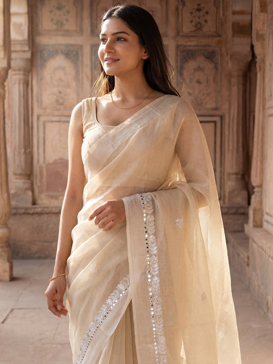 Silk Blend Silver Embroidered Saree - Ressa