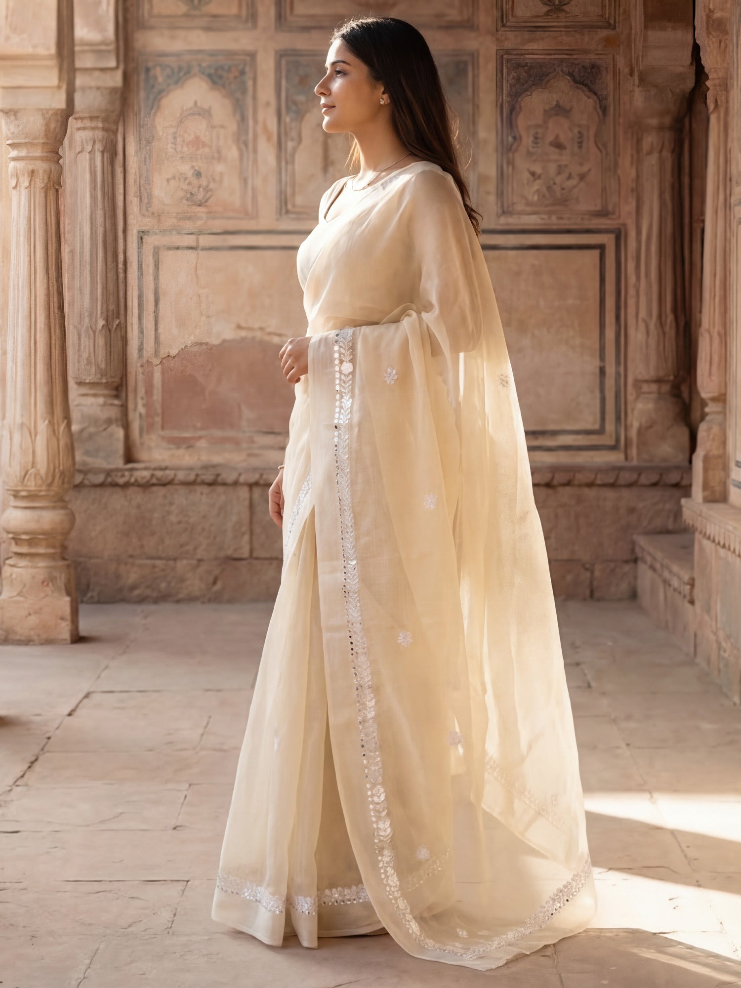 Silk Blend Silver Embroidered Saree - Ressa
