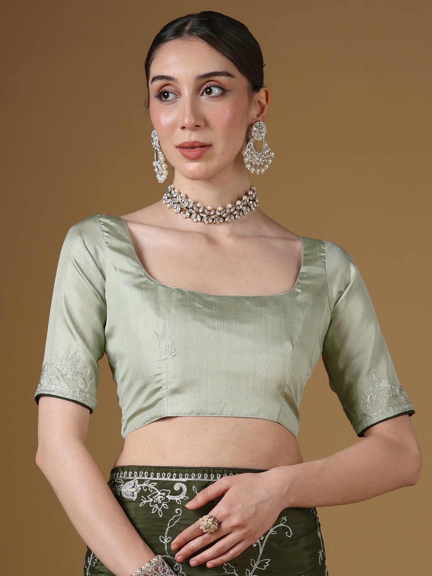 Silk Embroidered Saree | Olive Green with Silver Threadwork - Ressa