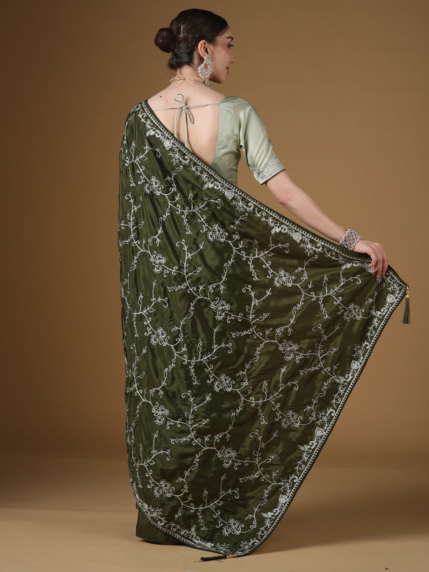 Silk Embroidered Saree | Olive Green with Silver Threadwork - Ressa