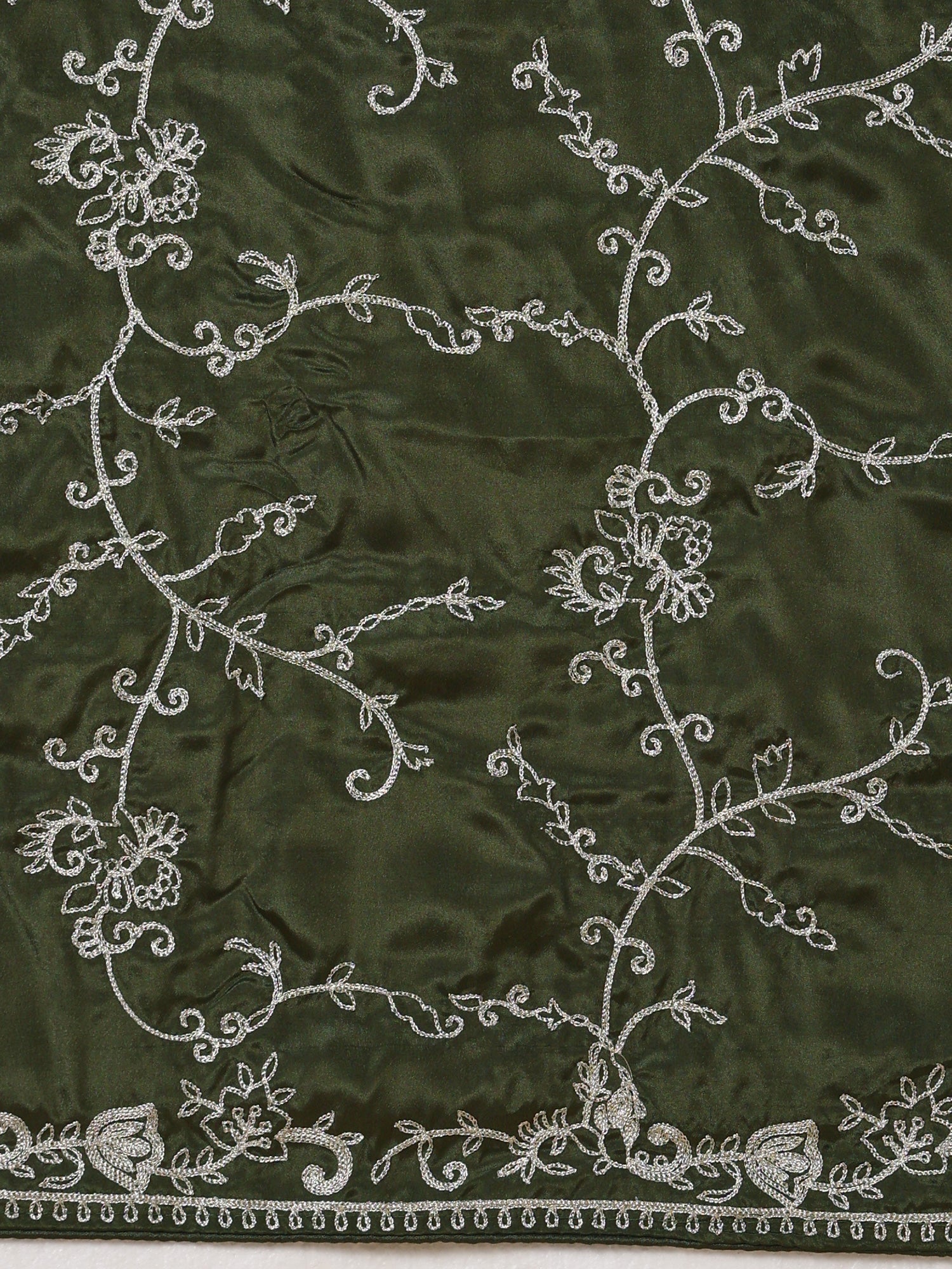 Silk Embroidered Saree | Olive Green with Silver Threadwork - Ressa