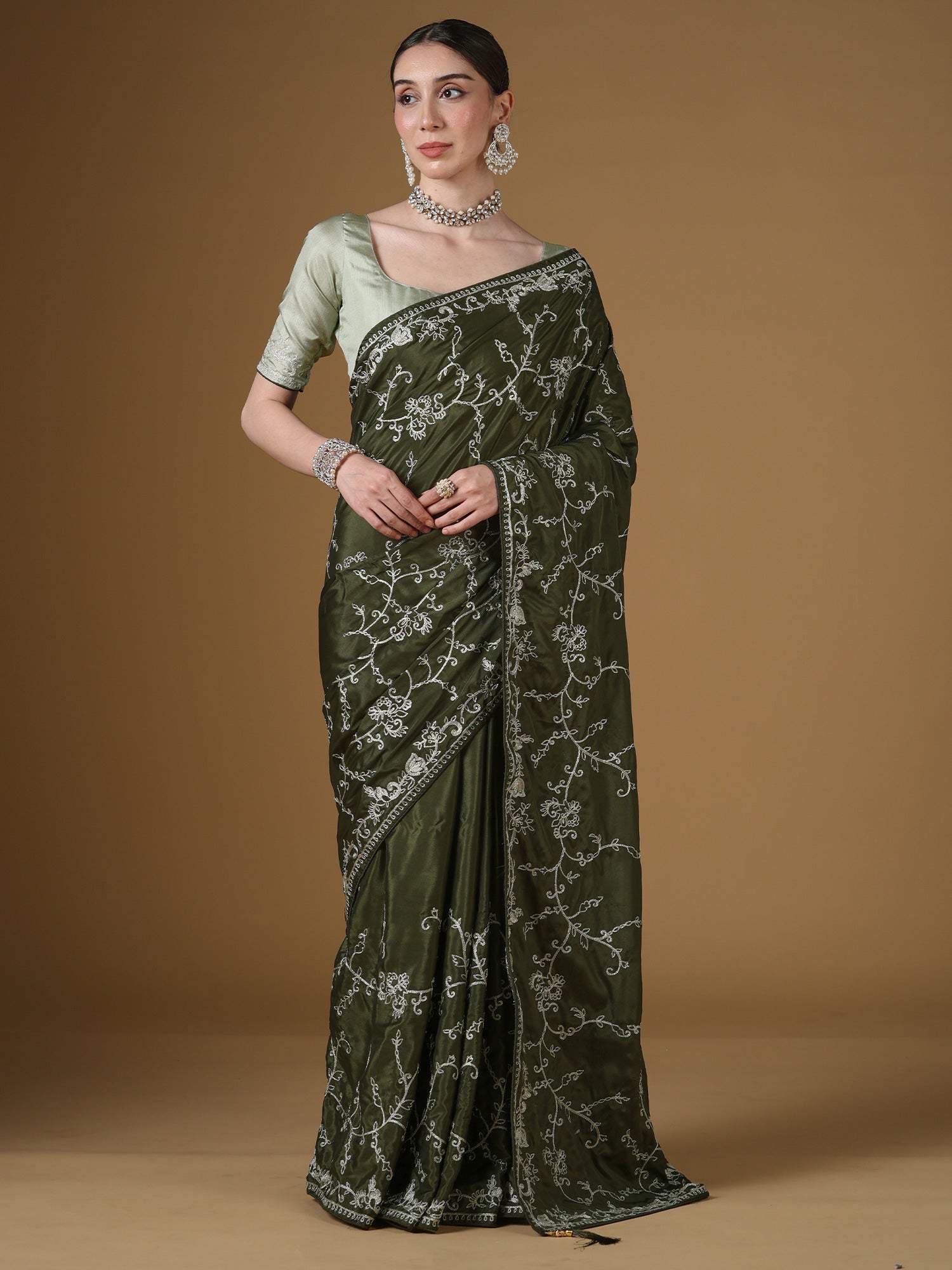 Silk Embroidered Saree | Olive Green with Silver Threadwork - Ressa