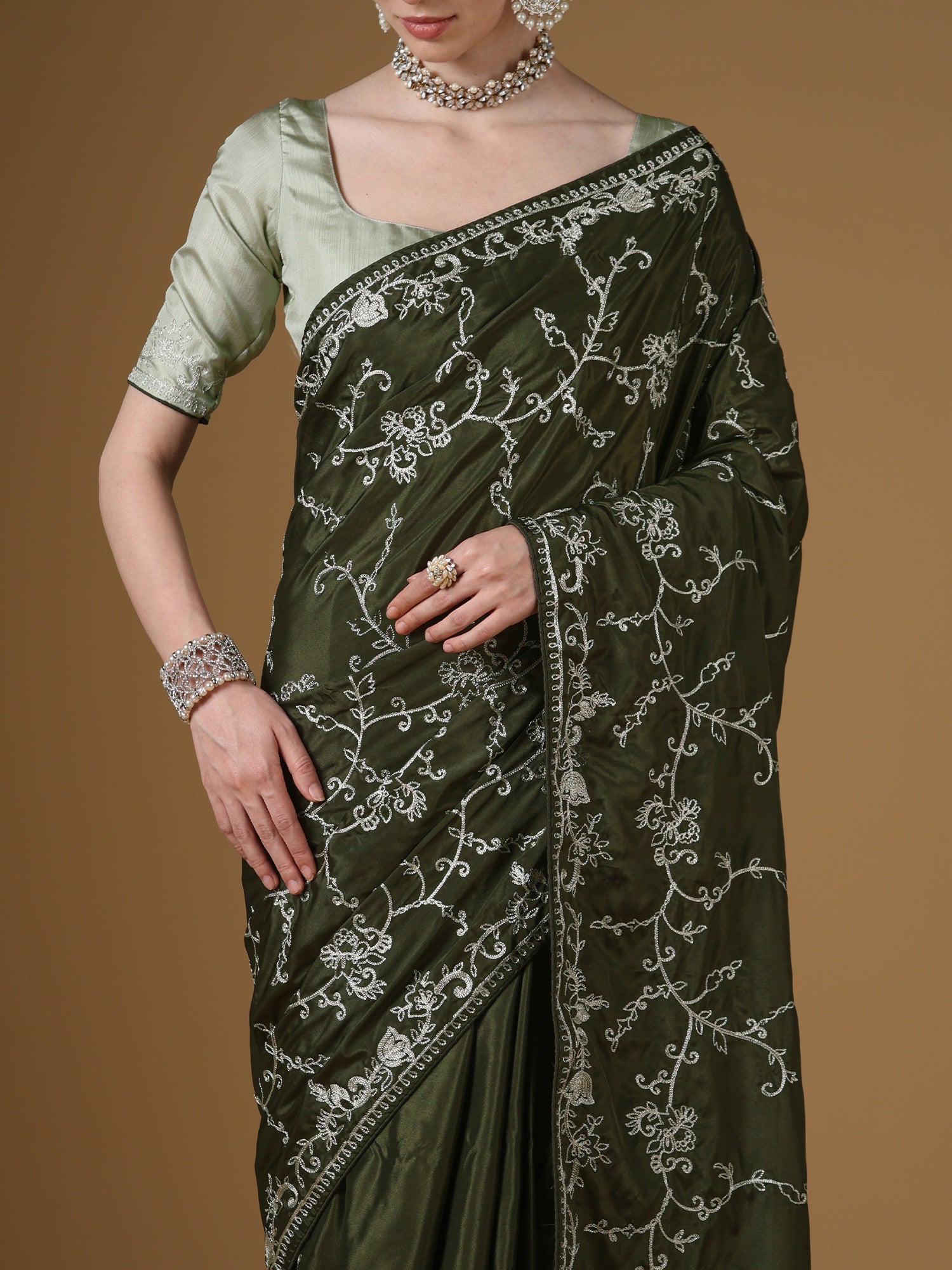 Silk Embroidered Saree | Olive Green with Silver Threadwork - Ressa