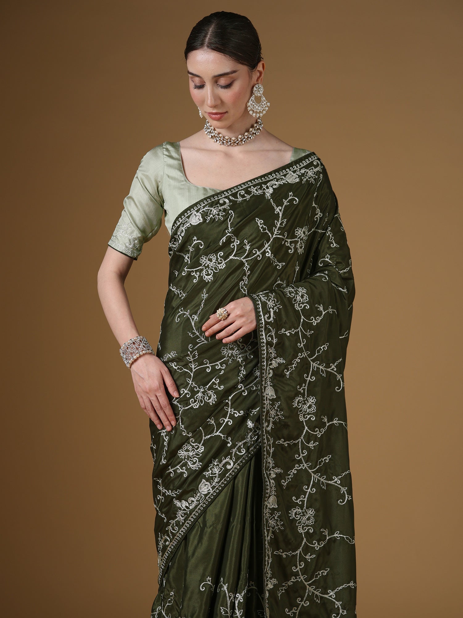 Silk Embroidered Saree | Olive Green with Silver Threadwork - Ressa