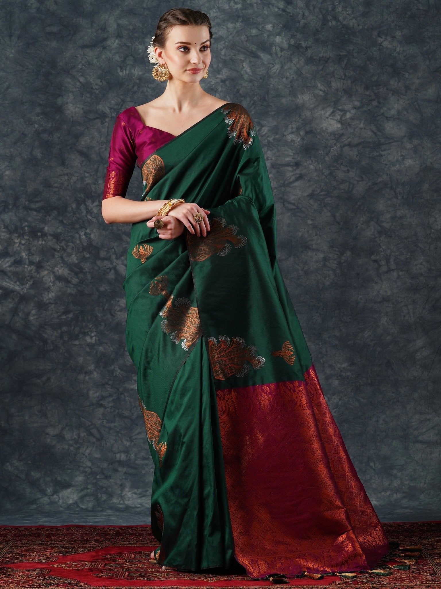Silk Saree | Bottle Green with Meenakari Peacock Motifs & Crimson Zari Border - Ressa