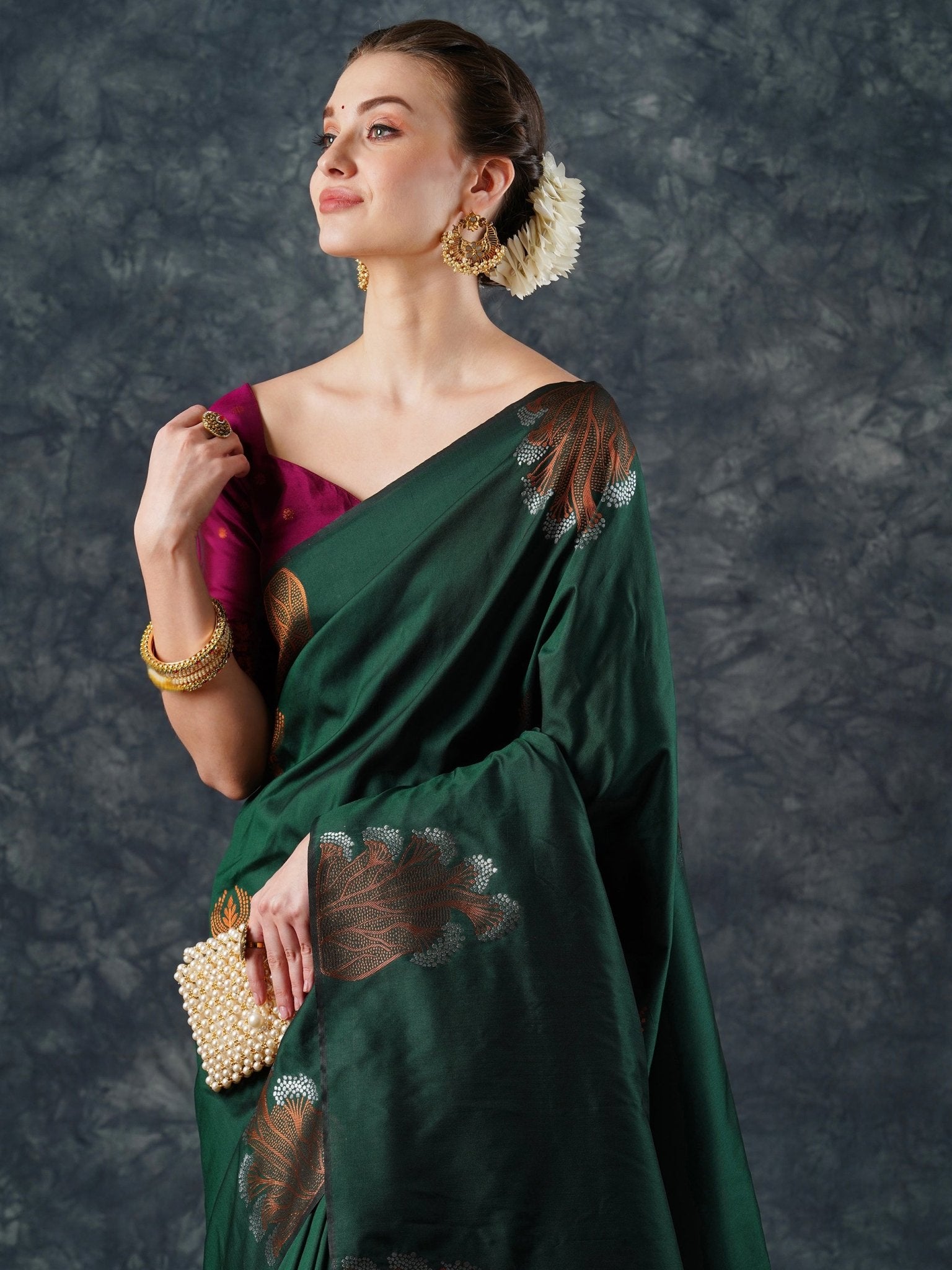 Silk Saree | Bottle Green with Meenakari Peacock Motifs & Crimson Zari Border - Ressa