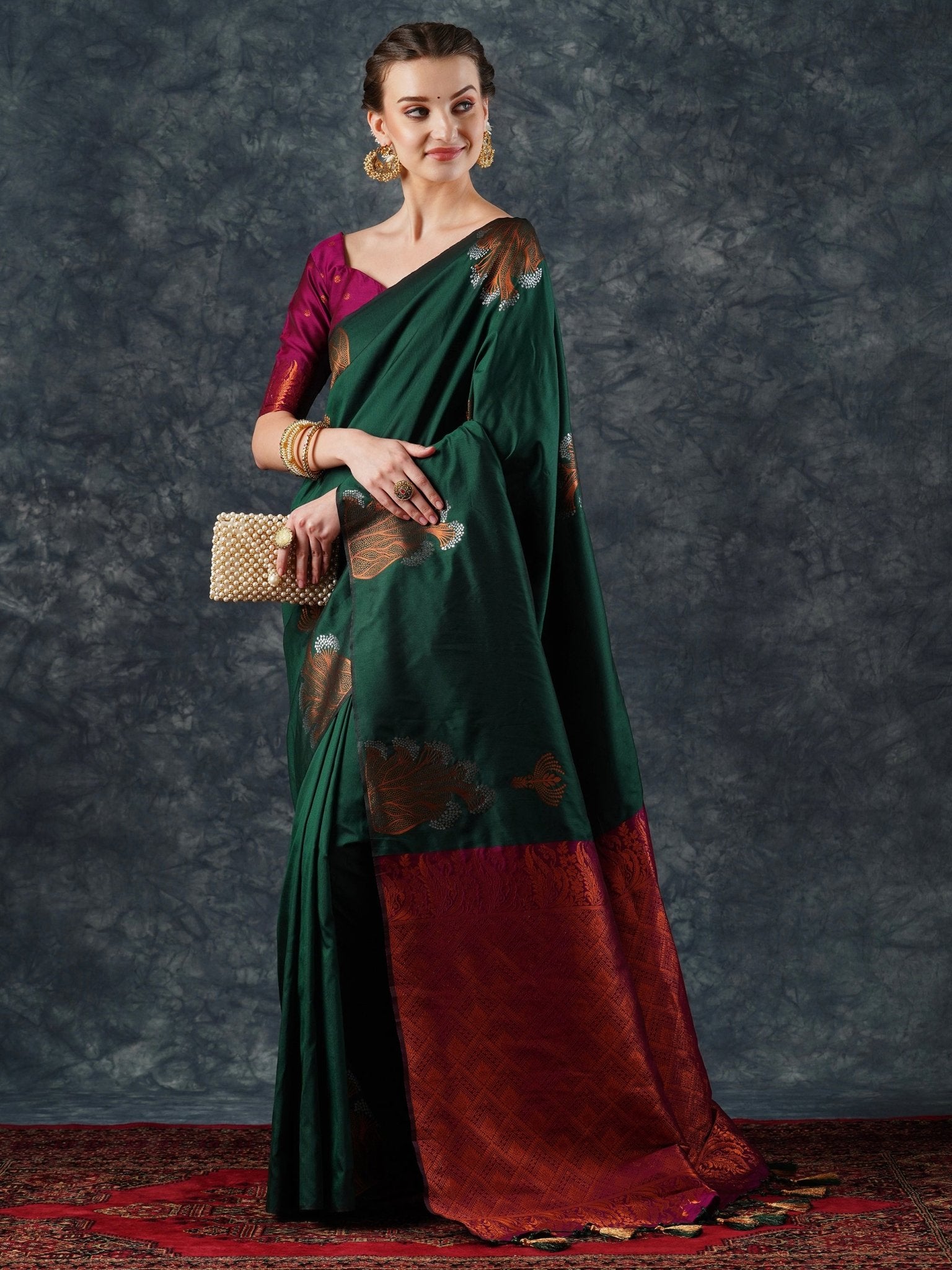 Silk Saree | Bottle Green with Meenakari Peacock Motifs & Crimson Zari Border - Ressa