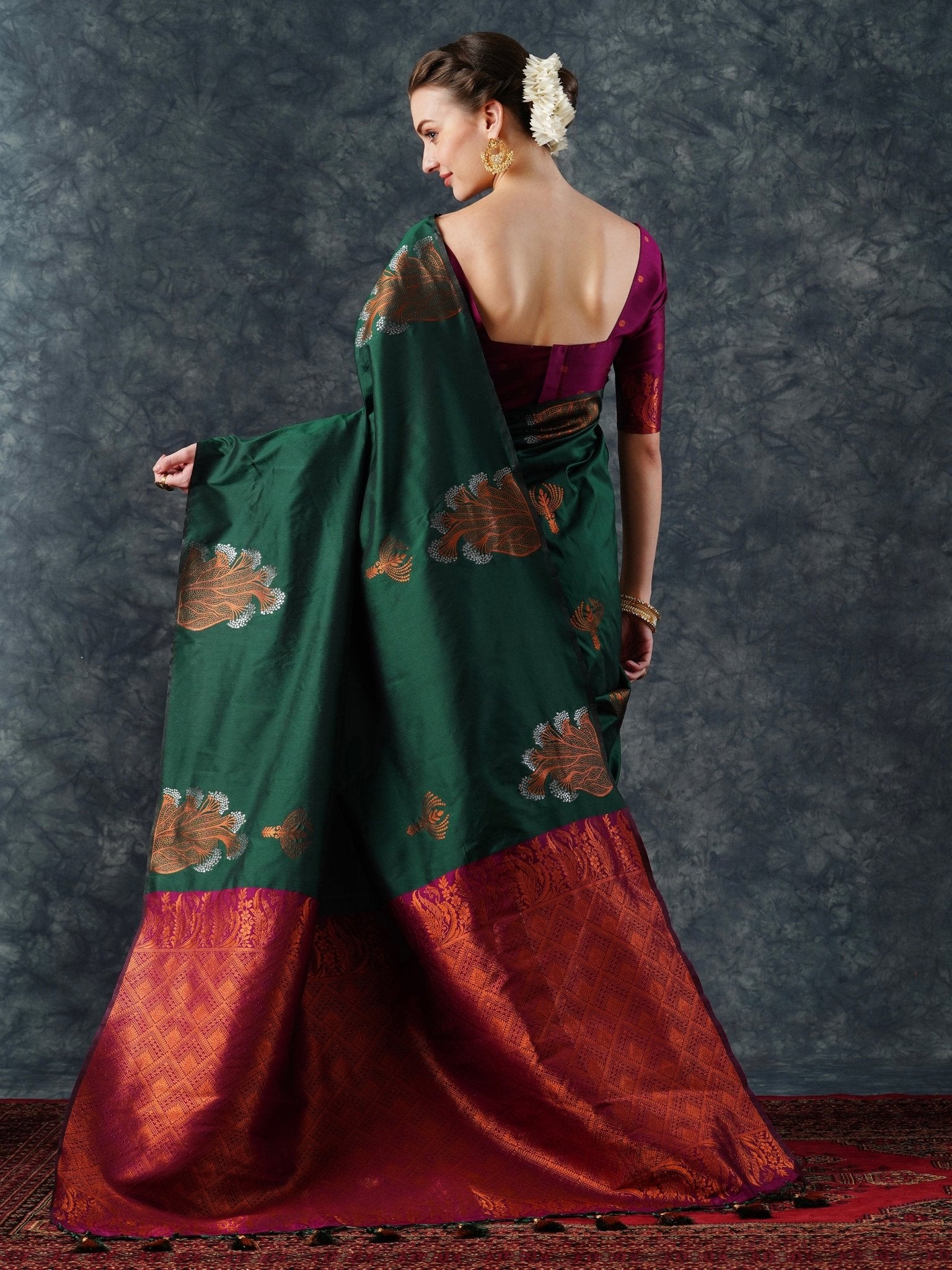 Silk Saree | Bottle Green with Meenakari Peacock Motifs & Crimson Zari Border - Ressa