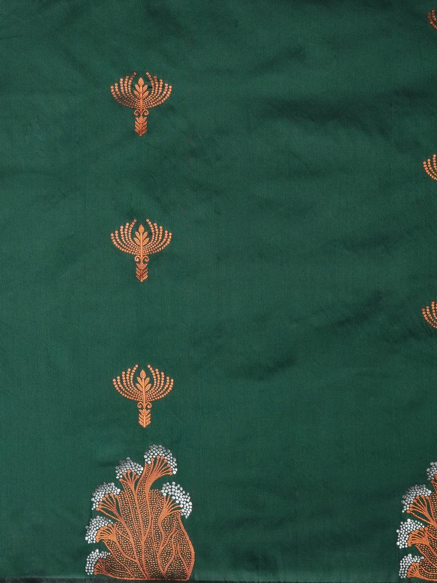 Silk Saree | Bottle Green with Meenakari Peacock Motifs & Crimson Zari Border - Ressa
