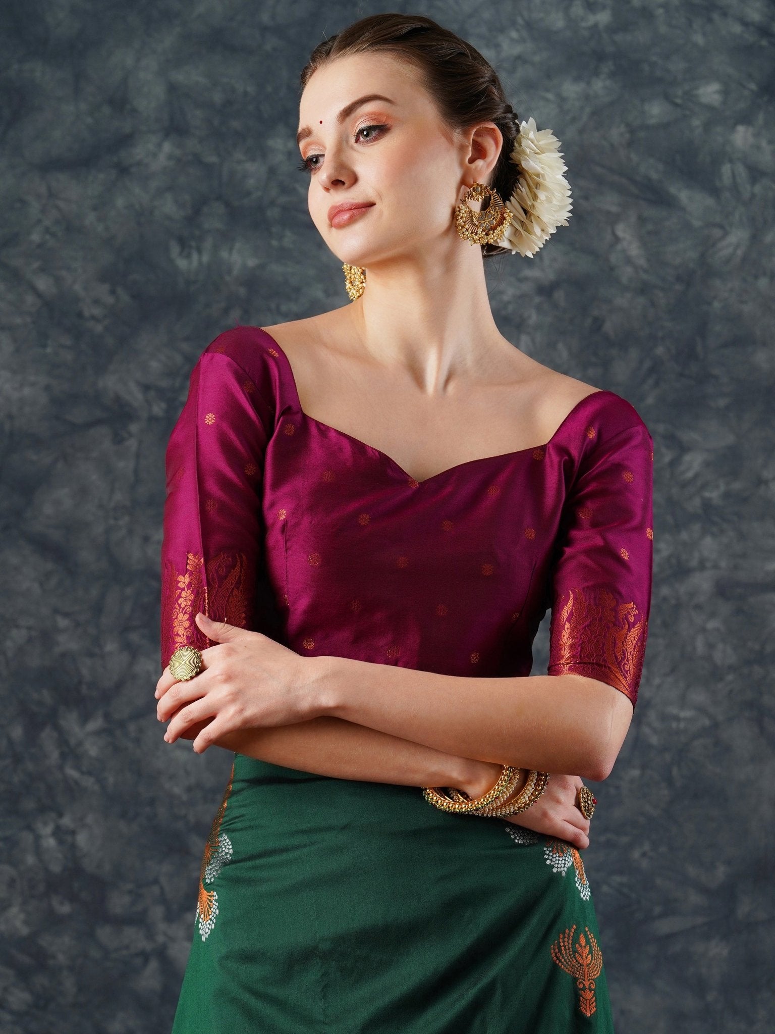 Silk Saree | Bottle Green with Meenakari Peacock Motifs & Crimson Zari Border - Ressa