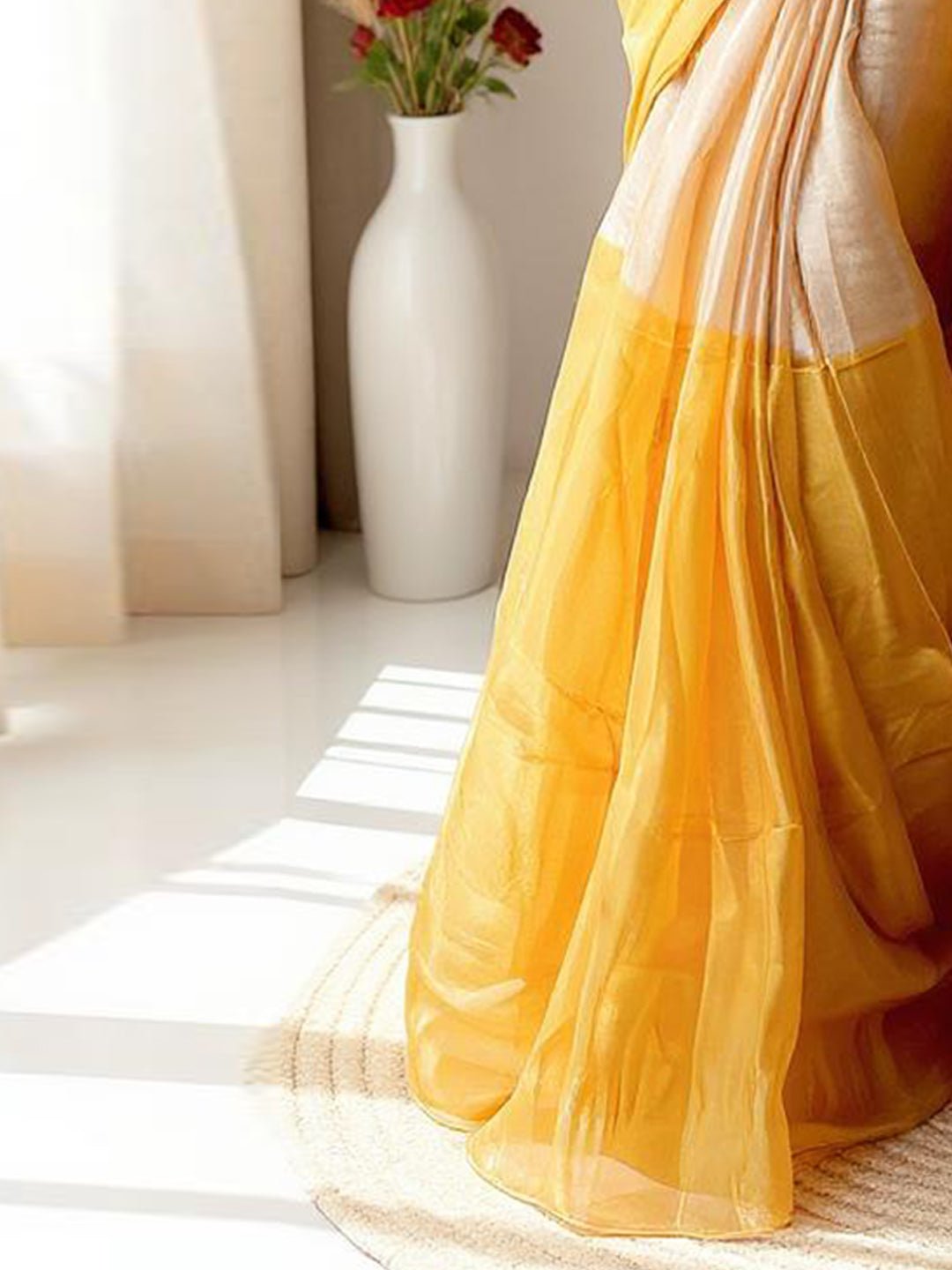 Silver & Gold Tissue Linen Saree with Broad Zari Stripes - Ressa