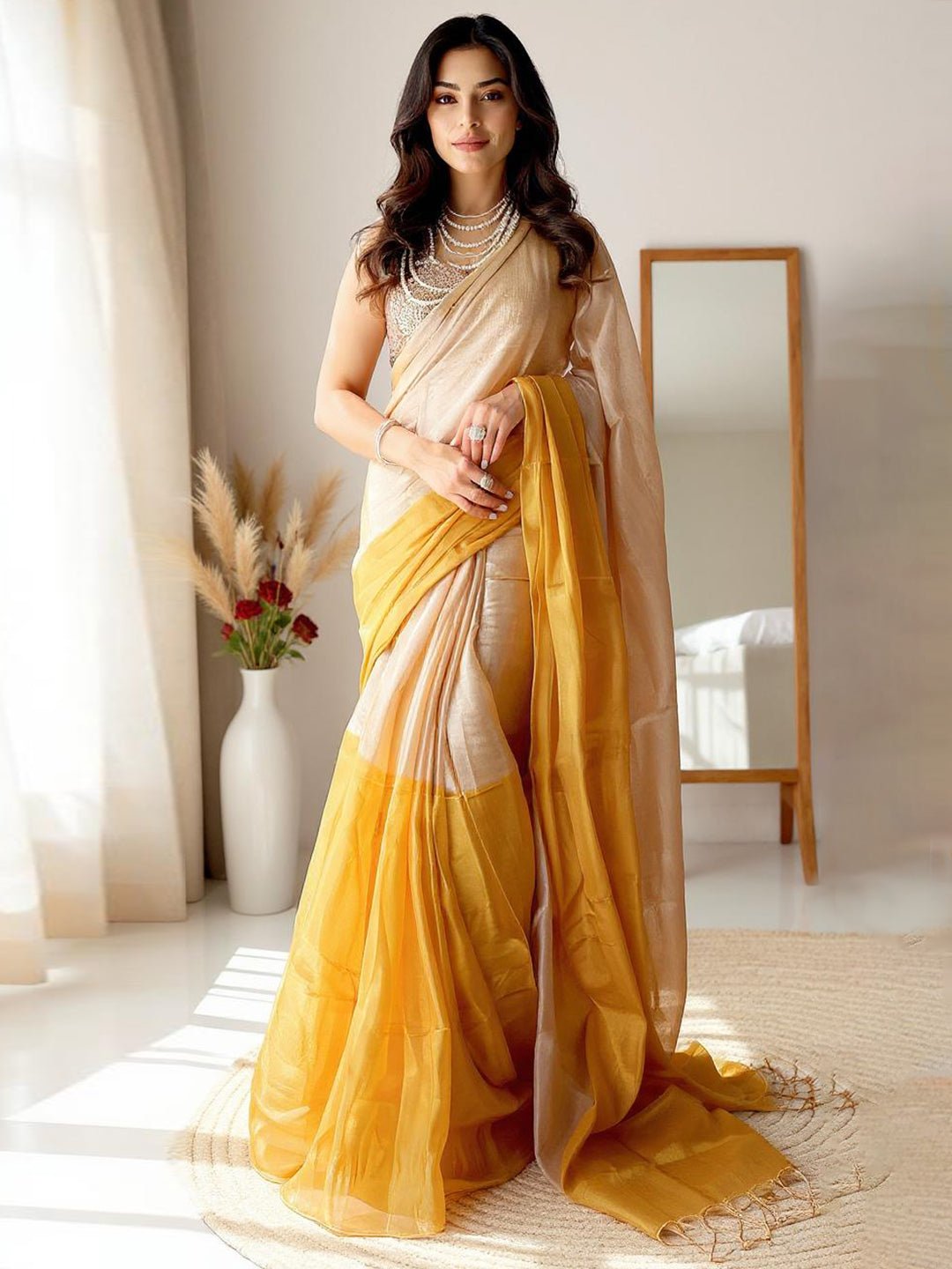 Silver & Gold Tissue Linen Saree with Broad Zari Stripes - Ressa