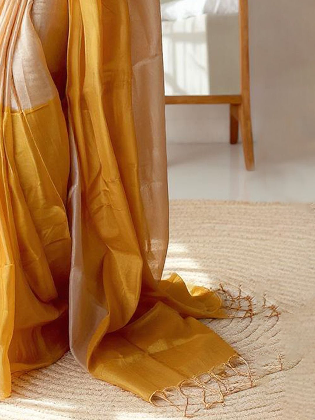Silver & Gold Tissue Linen Saree with Broad Zari Stripes - Ressa
