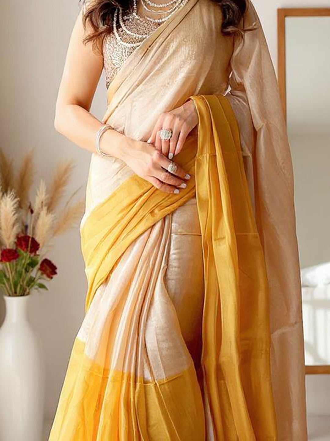 Silver & Gold Tissue Linen Saree with Broad Zari Stripes - Ressa