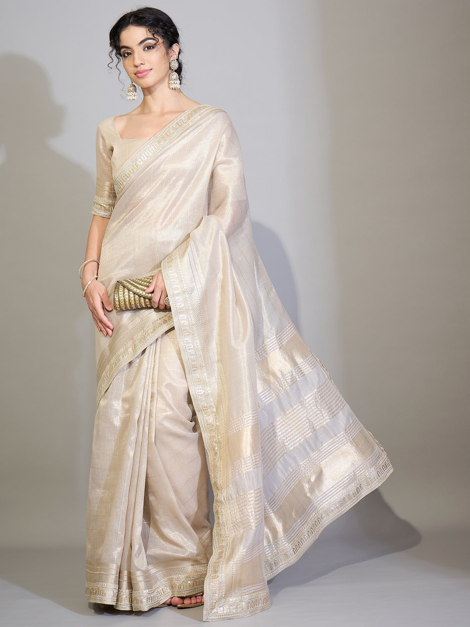 Silver Grey Tissue Silk Saree with Zari Stripes - Ressa