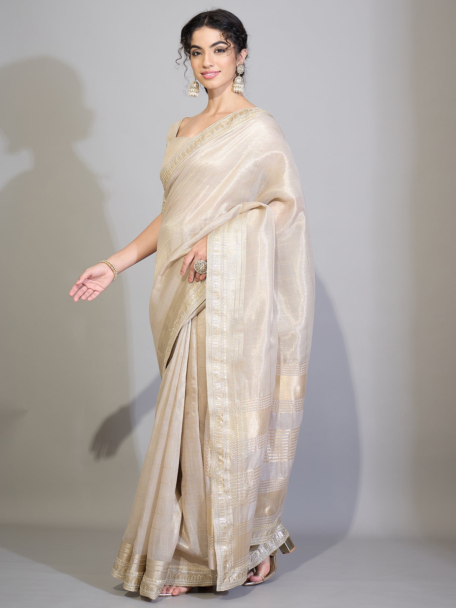 Silver Grey Tissue Silk Saree with Zari Stripes - Ressa