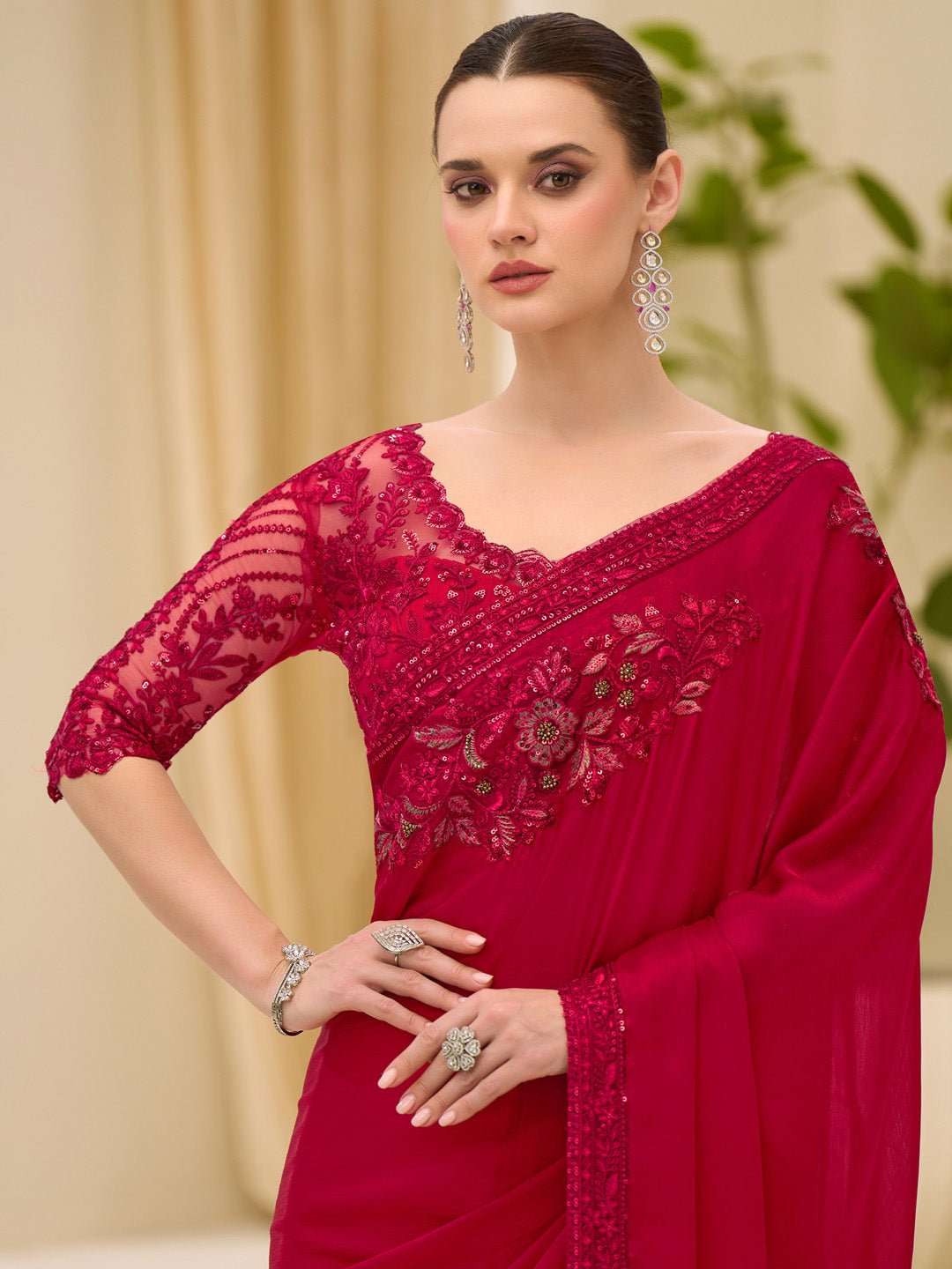 Red Satin Emblished Party Wear Saree - Ressa