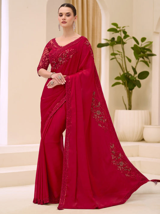 Red Satin Emblished Party Wear Saree - Ressa