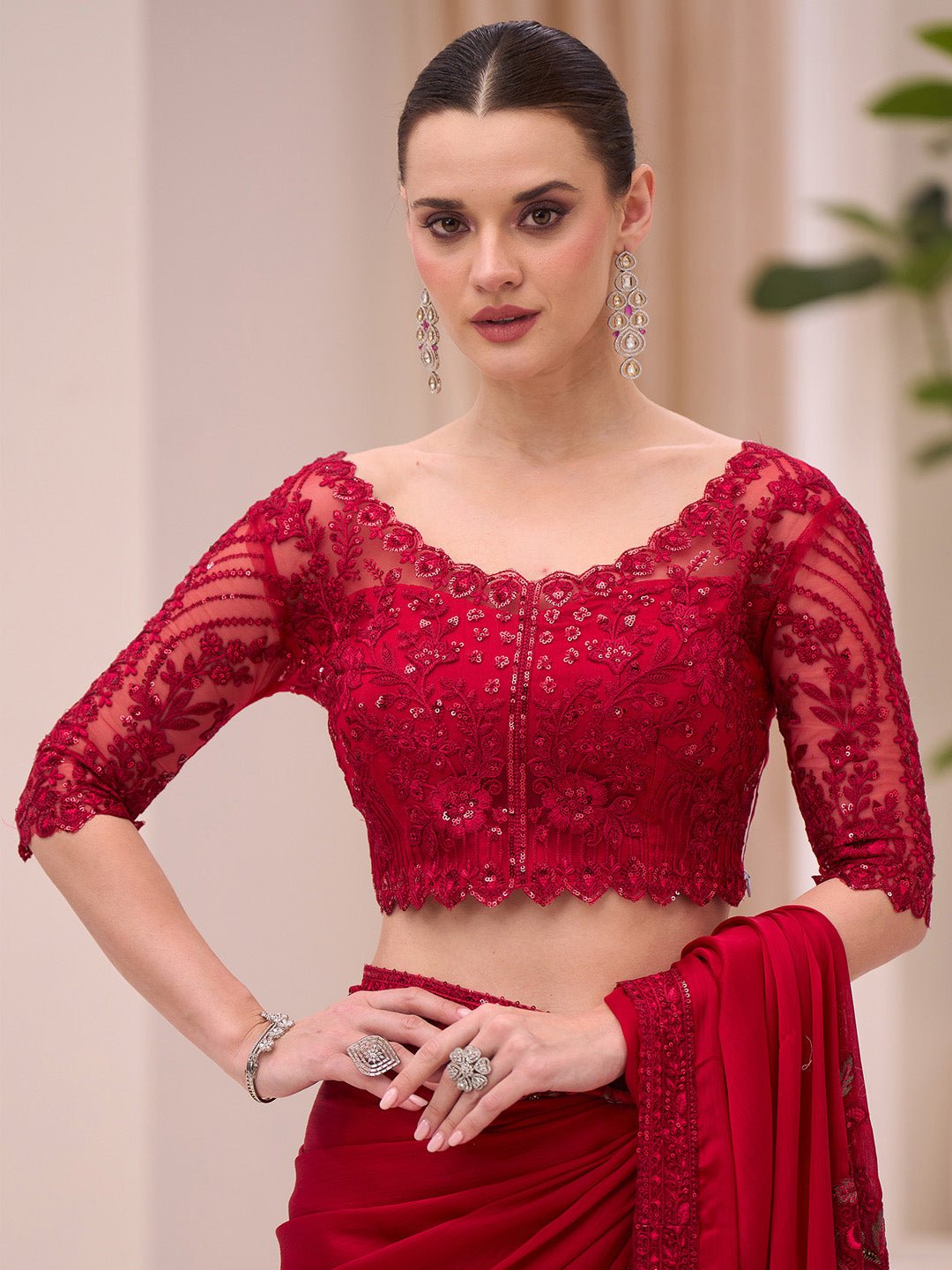 Red Satin Emblished Party Wear Saree - Ressa