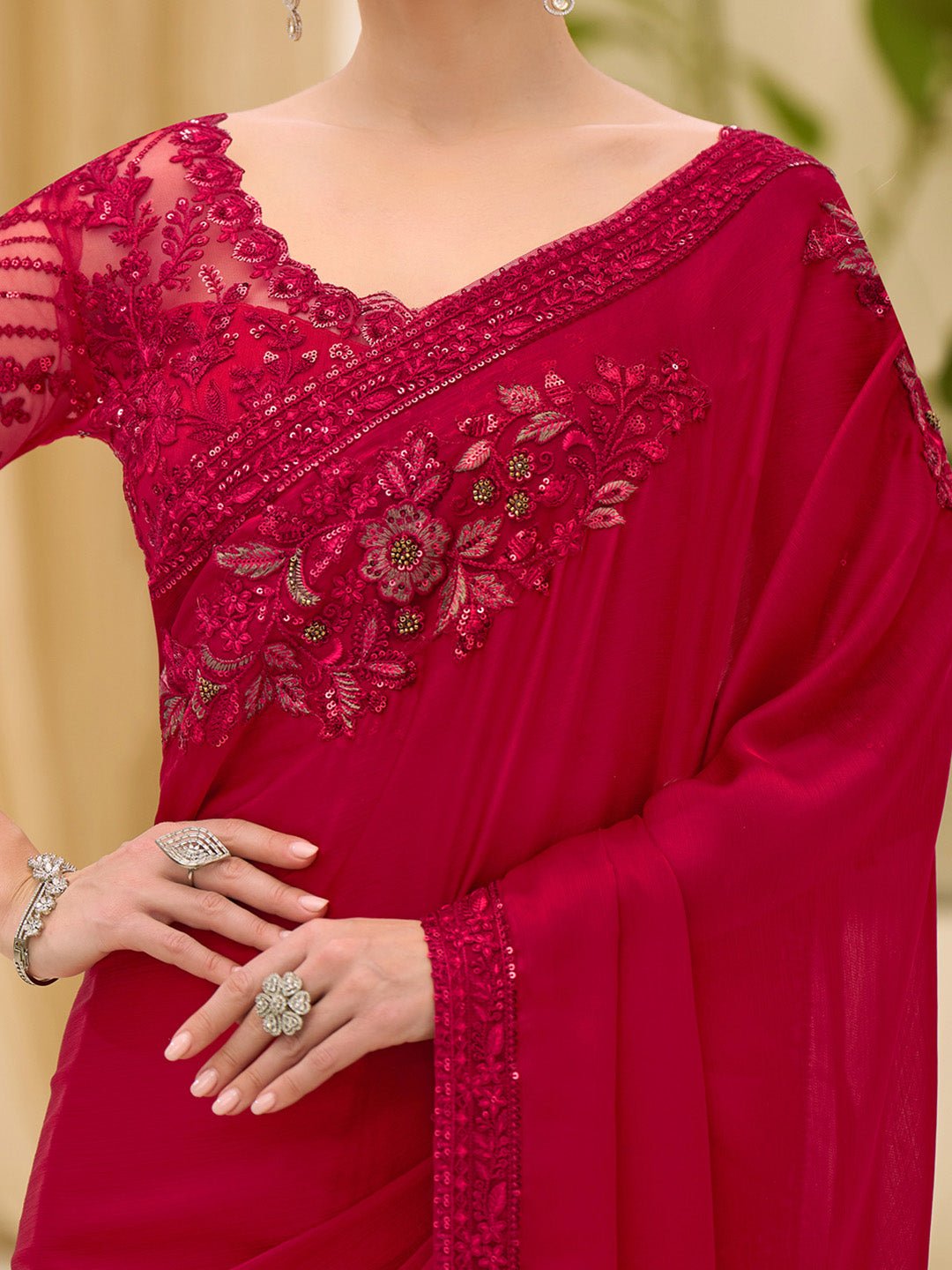 Red Satin Emblished Party Wear Saree - Ressa