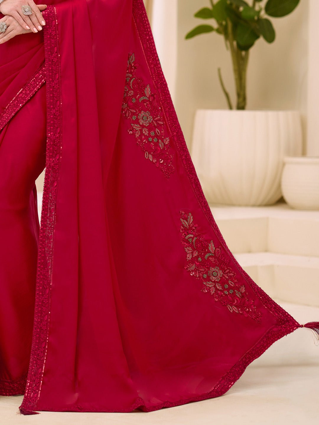 Red Satin Emblished Party Wear Saree - Ressa