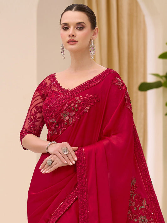 Red Satin Emblished Party Wear Saree - Ressa
