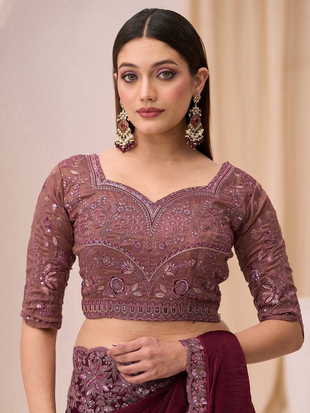 Wine Satin Party Wear Saree - Ressa