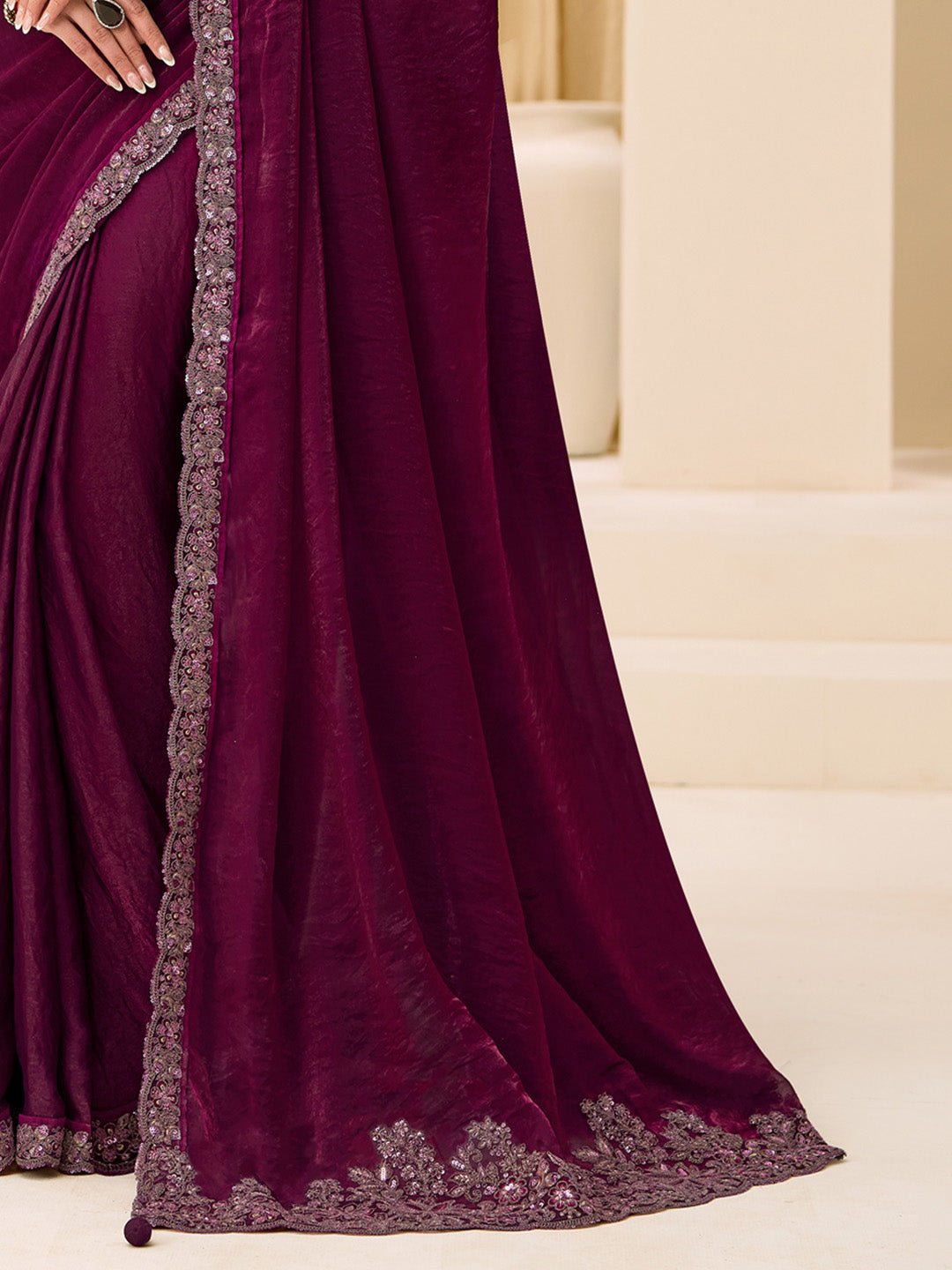 Wine Satin Party Wear Saree - Ressa