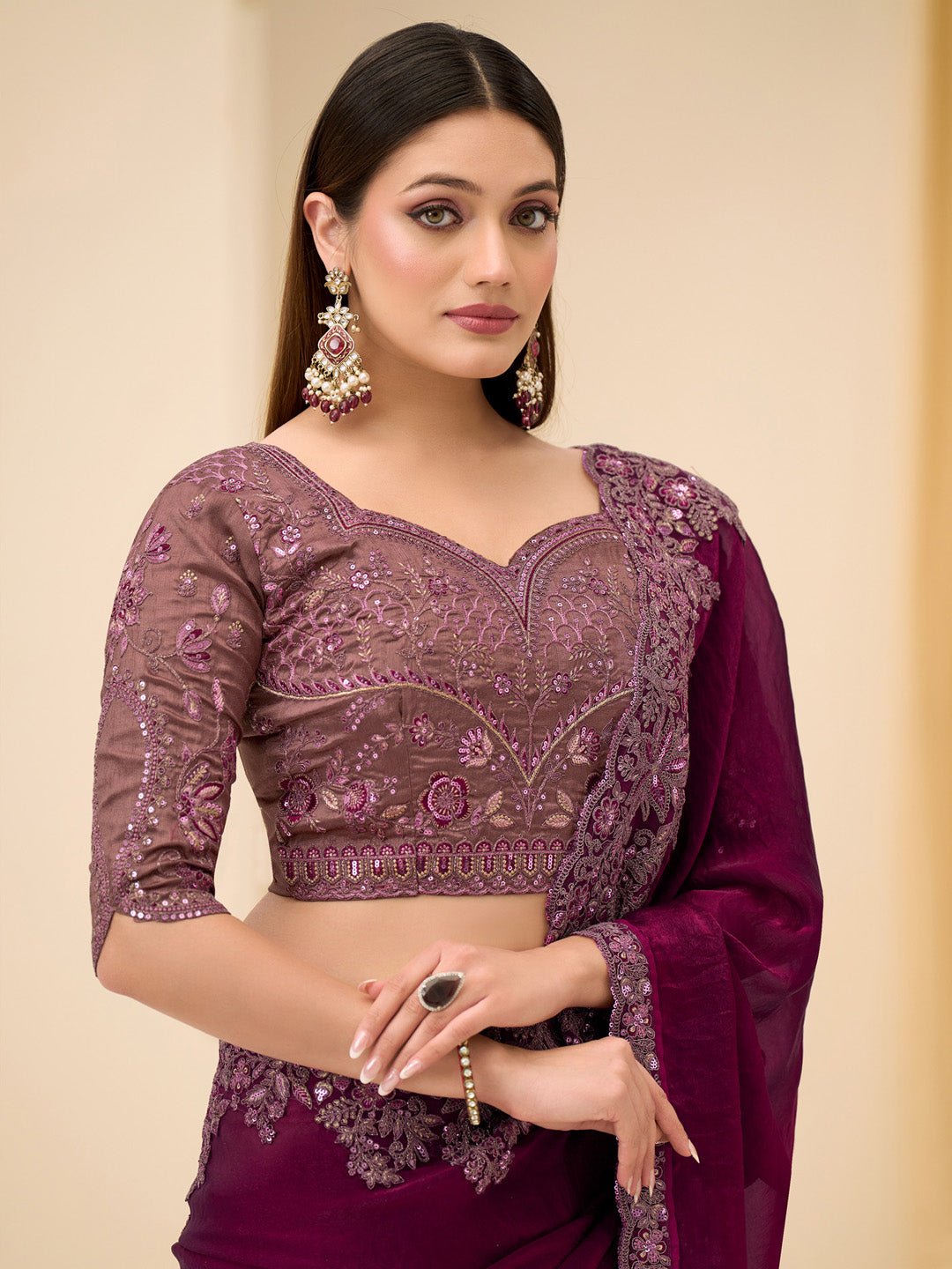 Wine Satin Party Wear Saree - Ressa