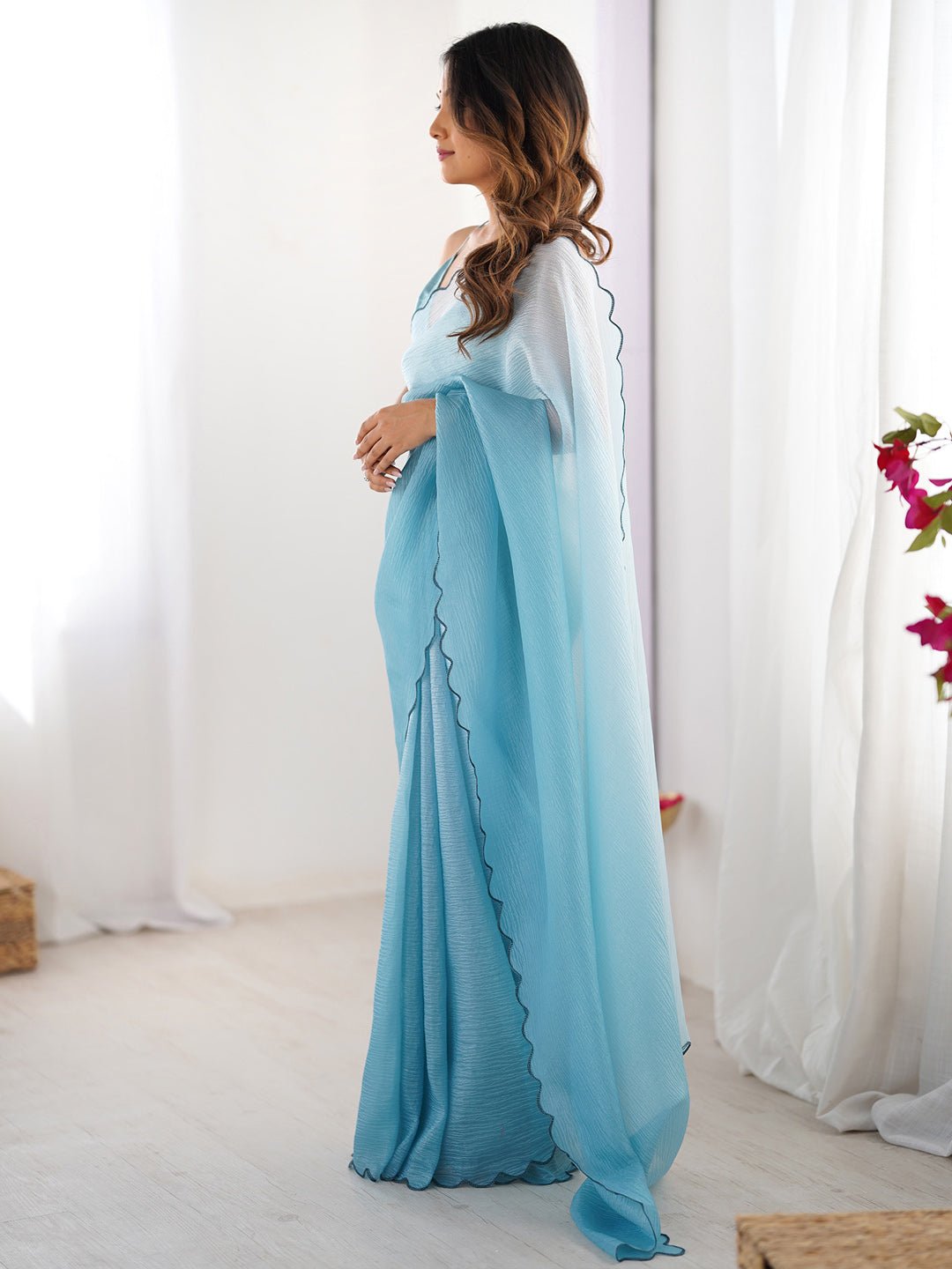 Sky Blue Chiffon Ombre Scalloped Border Saree - Ressa