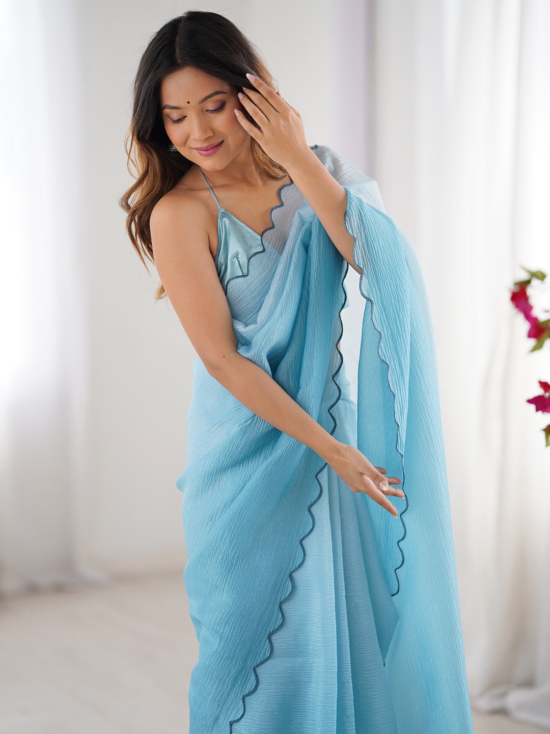 Sky Blue Chiffon Ombre Scalloped Border Saree - Ressa