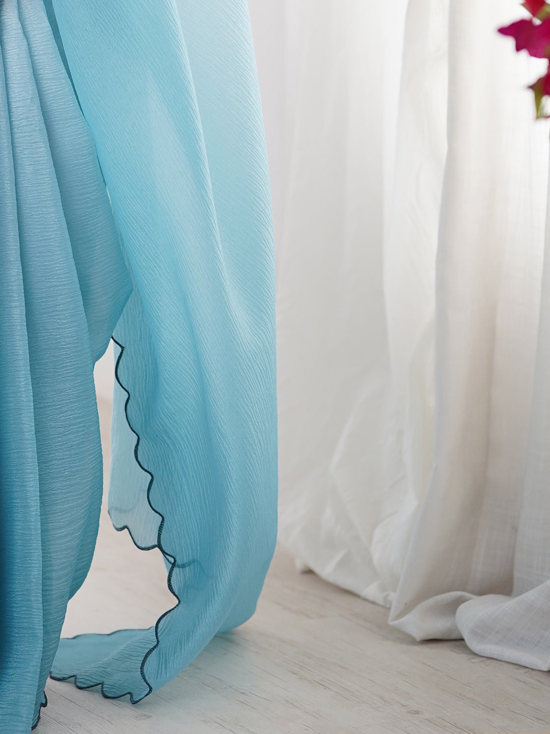 Sky Blue Chiffon Ombre Scalloped Border Saree - Ressa