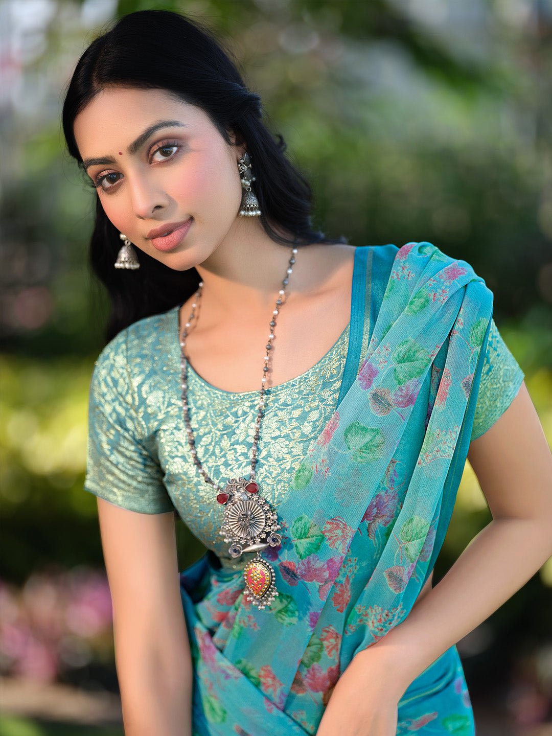 Sky Blue Floral Chiffon Saree - Ressa