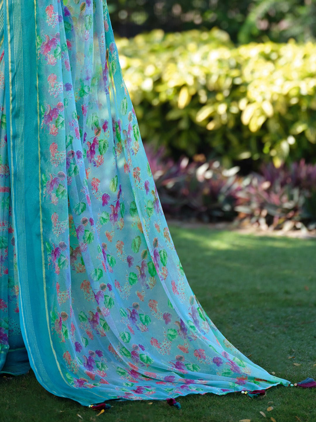 Sky Blue Floral Chiffon Saree - Ressa