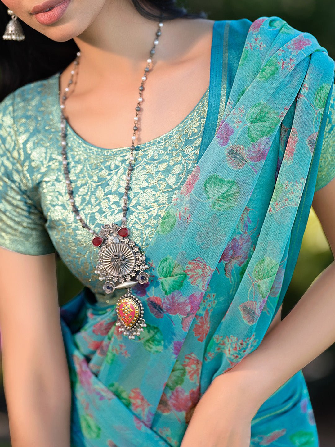 Sky Blue Floral Chiffon Saree - Ressa
