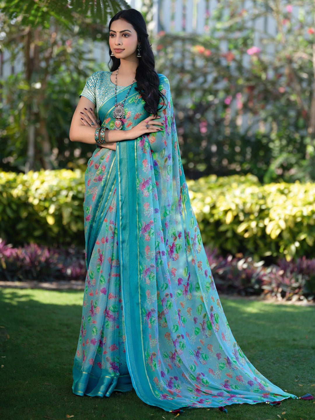 Sky Blue Floral Chiffon Saree - Ressa