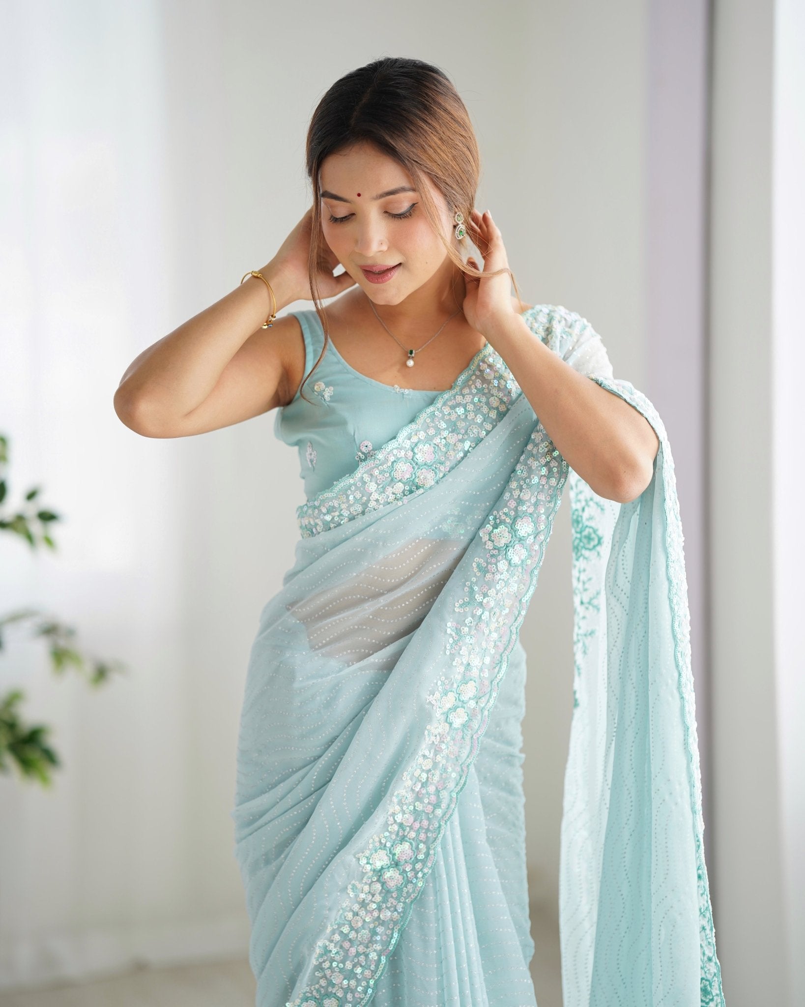 Sky Blue Georgette Embroidered Saree - Ressa
