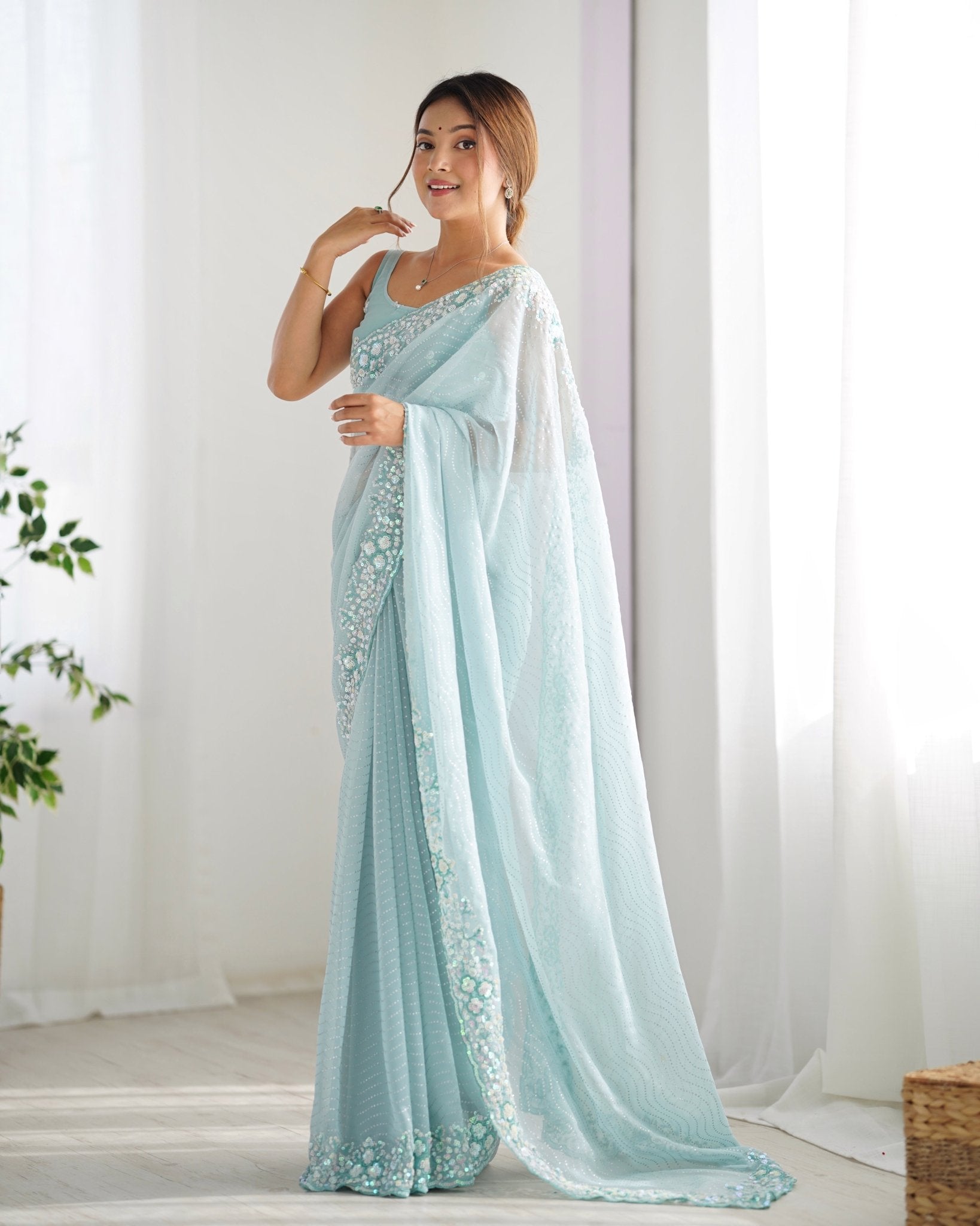 Sky Blue Georgette Embroidered Saree - Ressa
