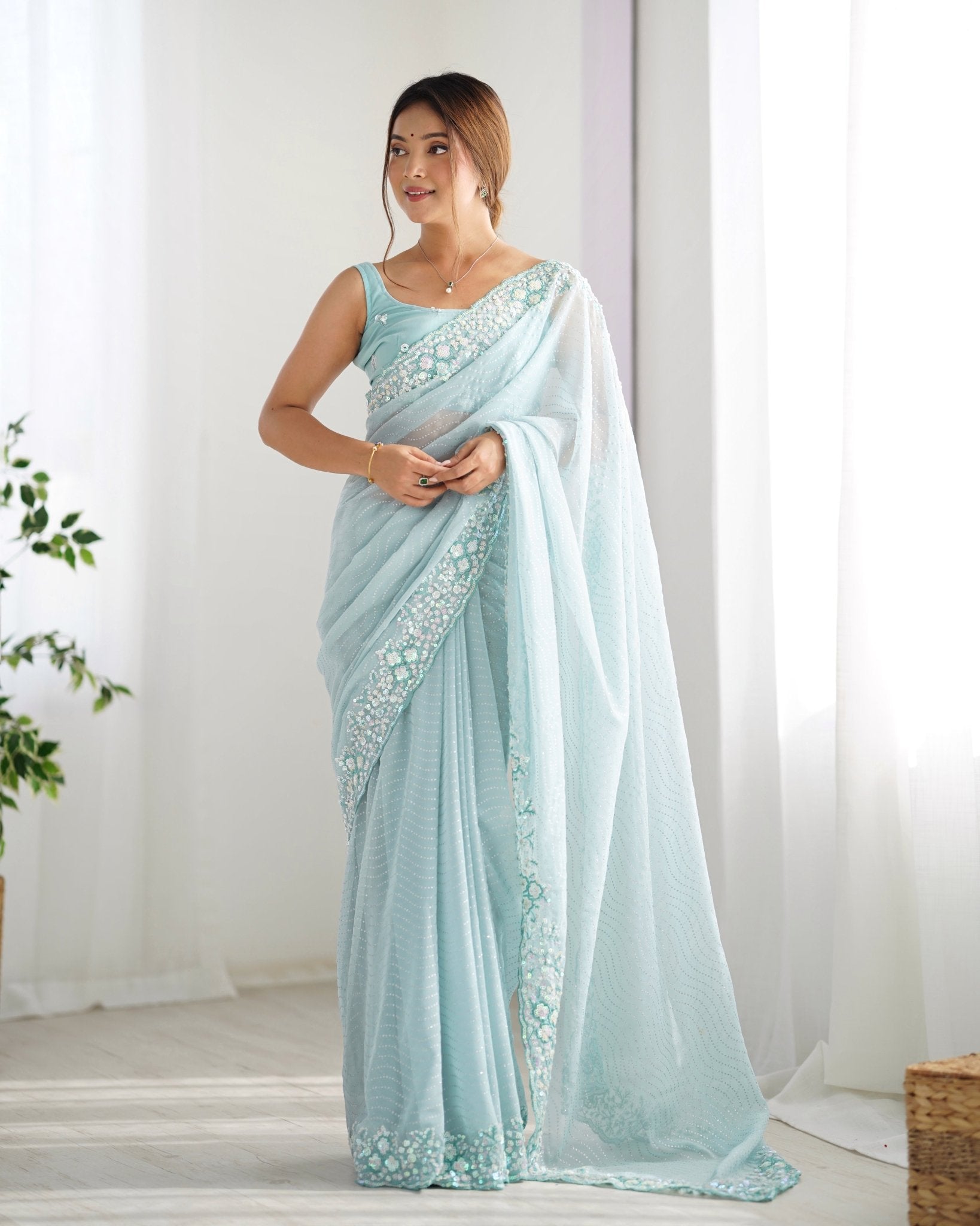 Sky Blue Georgette Embroidered Saree - Ressa