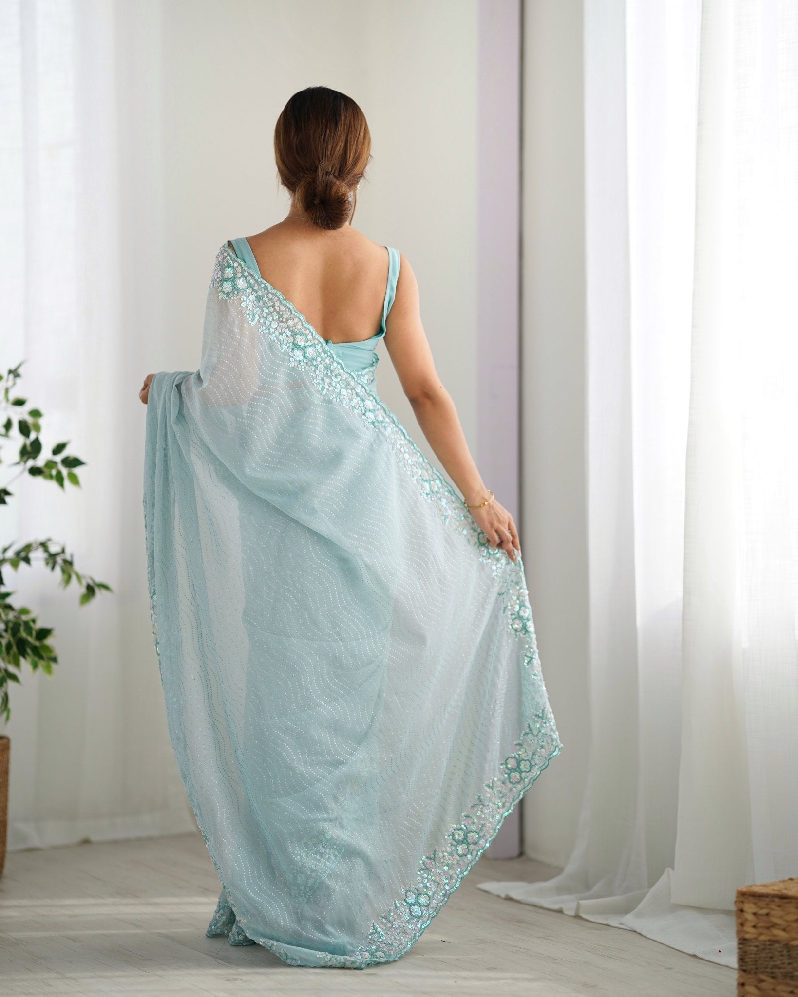 Sky Blue Georgette Embroidered Saree - Ressa