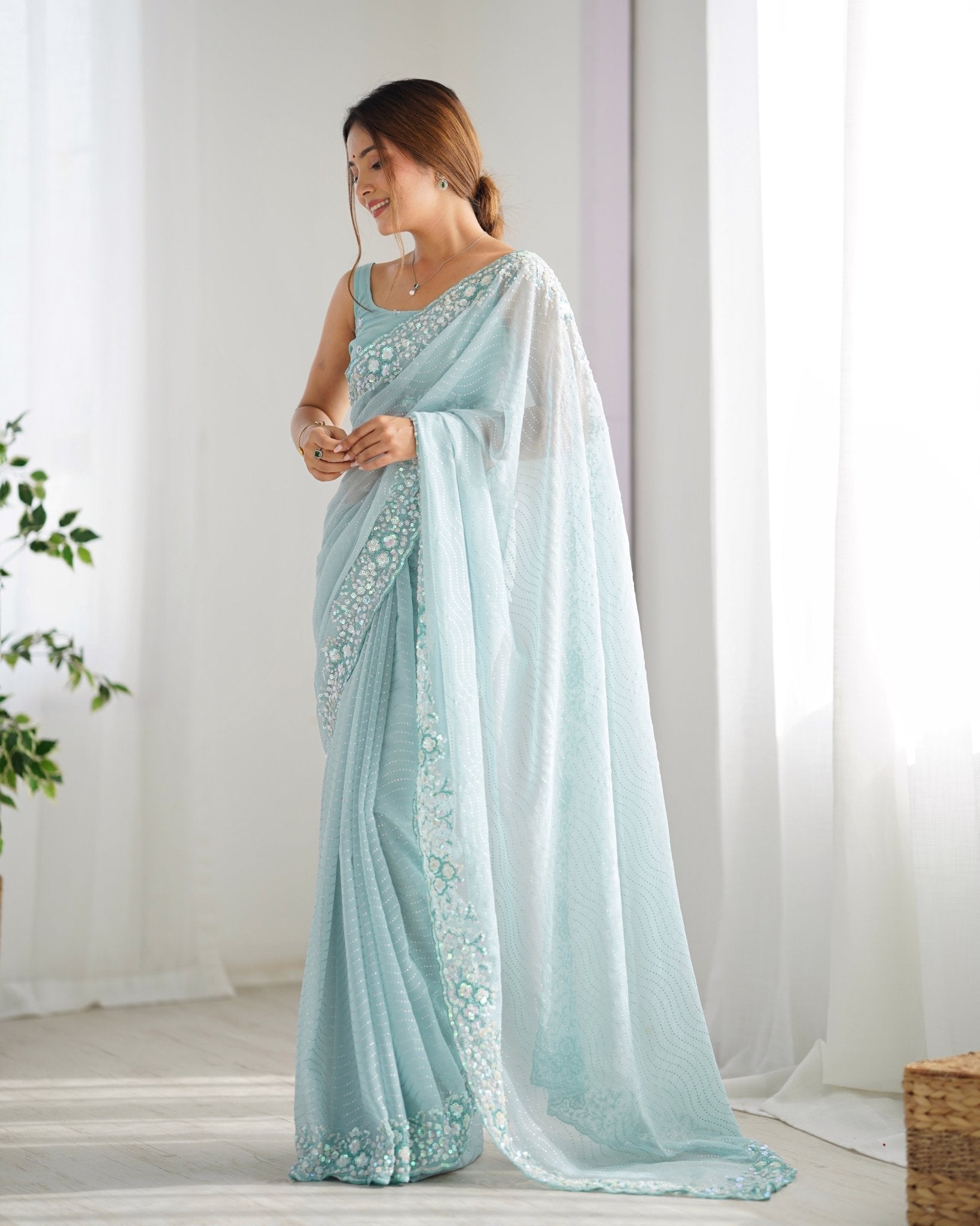 Sky Blue Georgette Embroidered Saree - Ressa