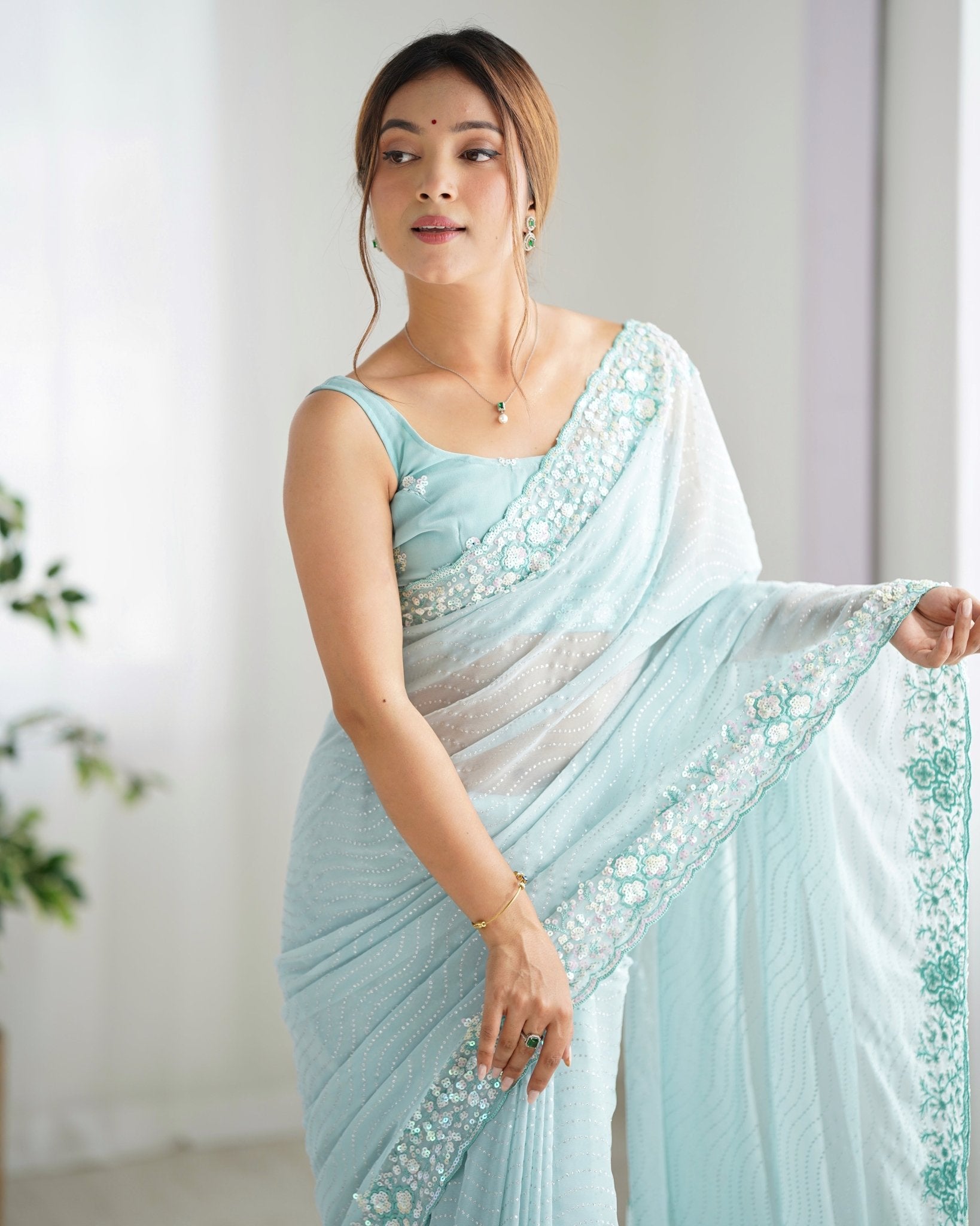 Sky Blue Georgette Embroidered Saree - Ressa