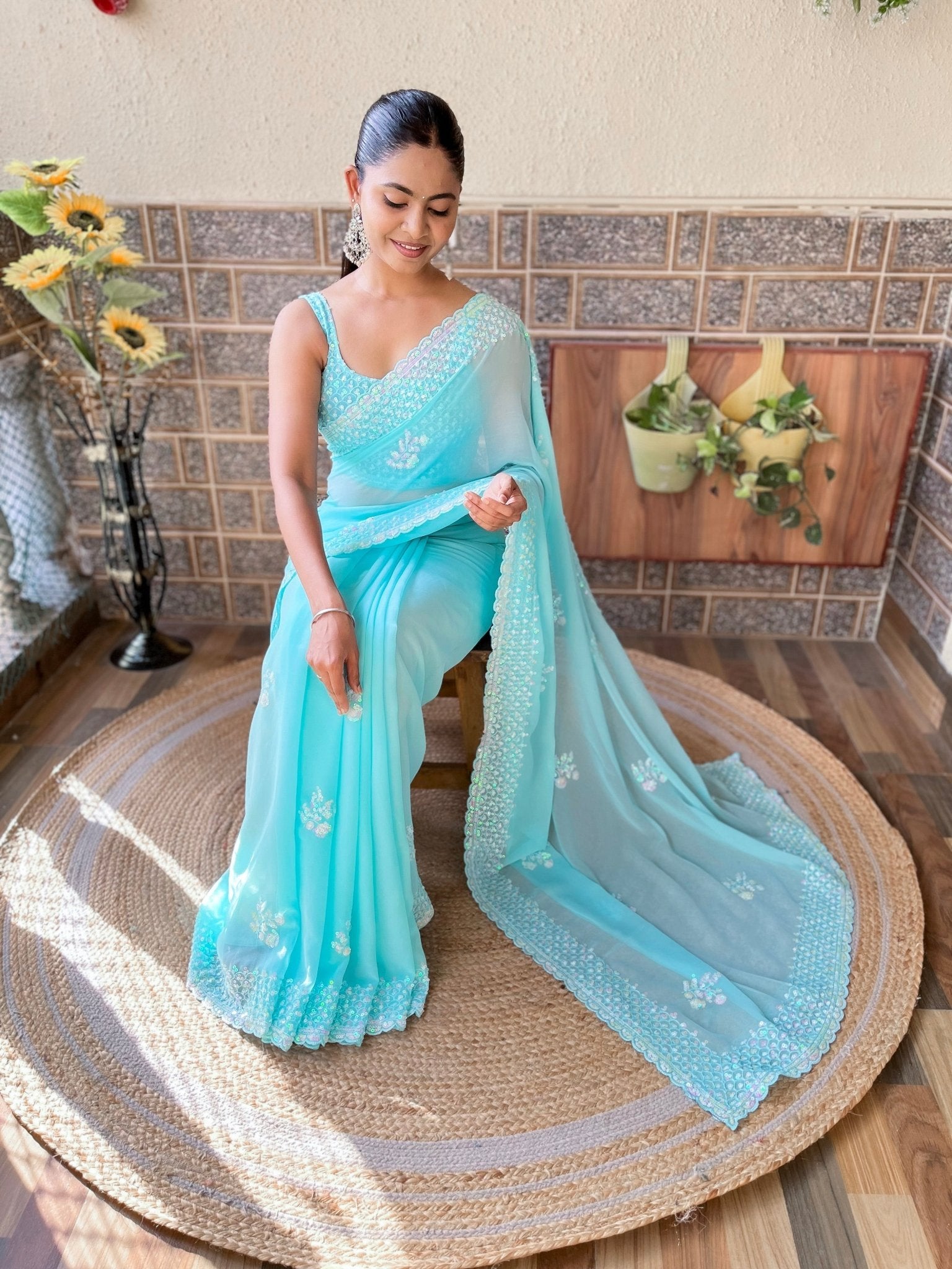 Sky Blue Georgette Sequin Embroidered Saree with Blouse - Ressa