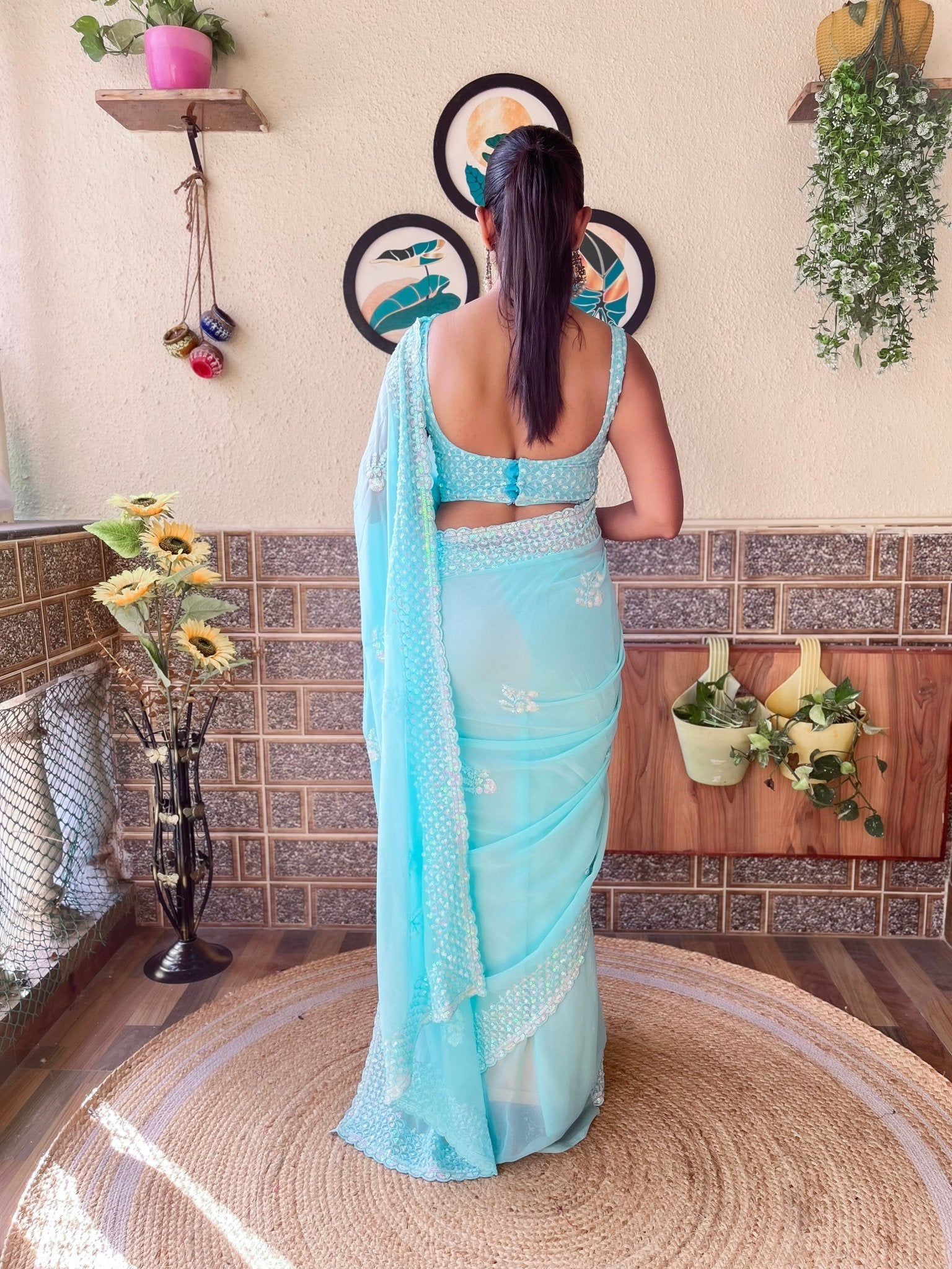 Sky Blue Georgette Sequin Embroidered Saree with Blouse - Ressa